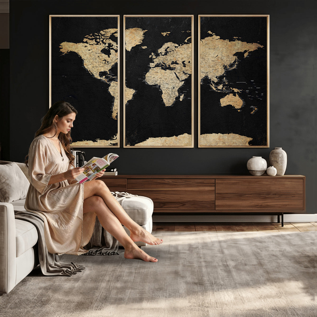 71518849-MGV-CV-36X24 - Beige World Map Canvas Wall Art Print, Minimal Black and