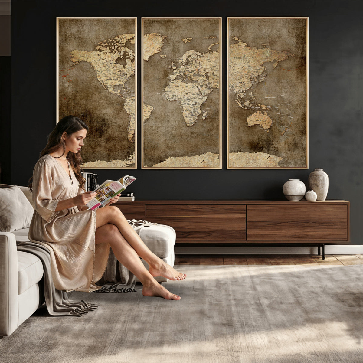 35847542-MGV-CV-36X24 - Dark Vintage World Map Canvas Wall Art Print, Antique Map