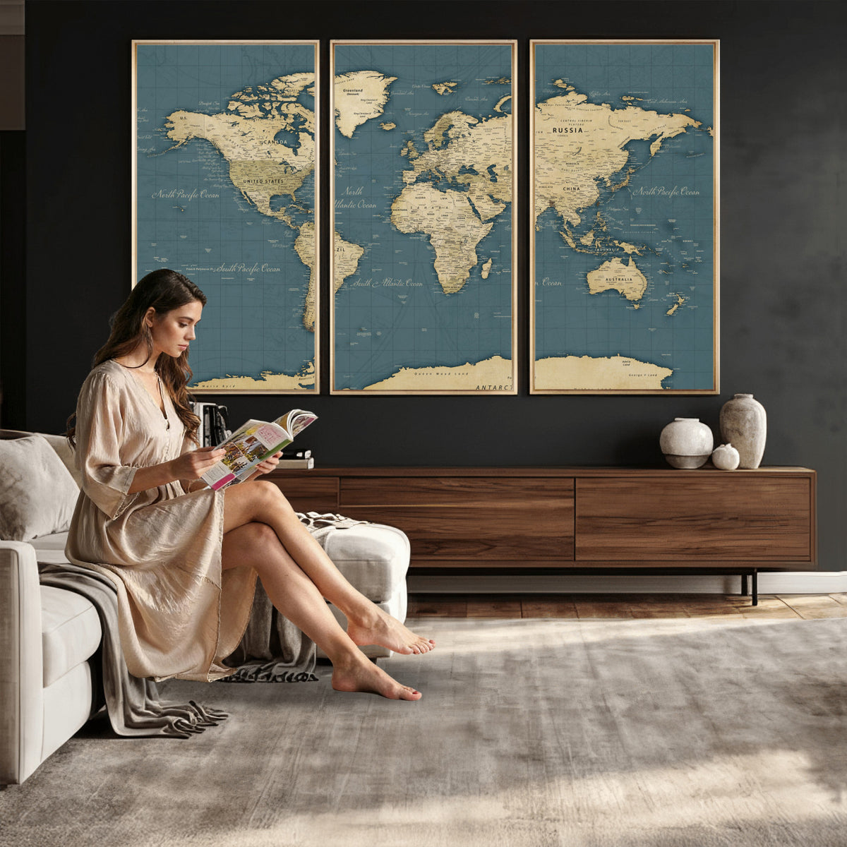 99599383-MGV-CV-36X24 - Minimal Vintage World Map Canvas Wall Art Print, Neutral