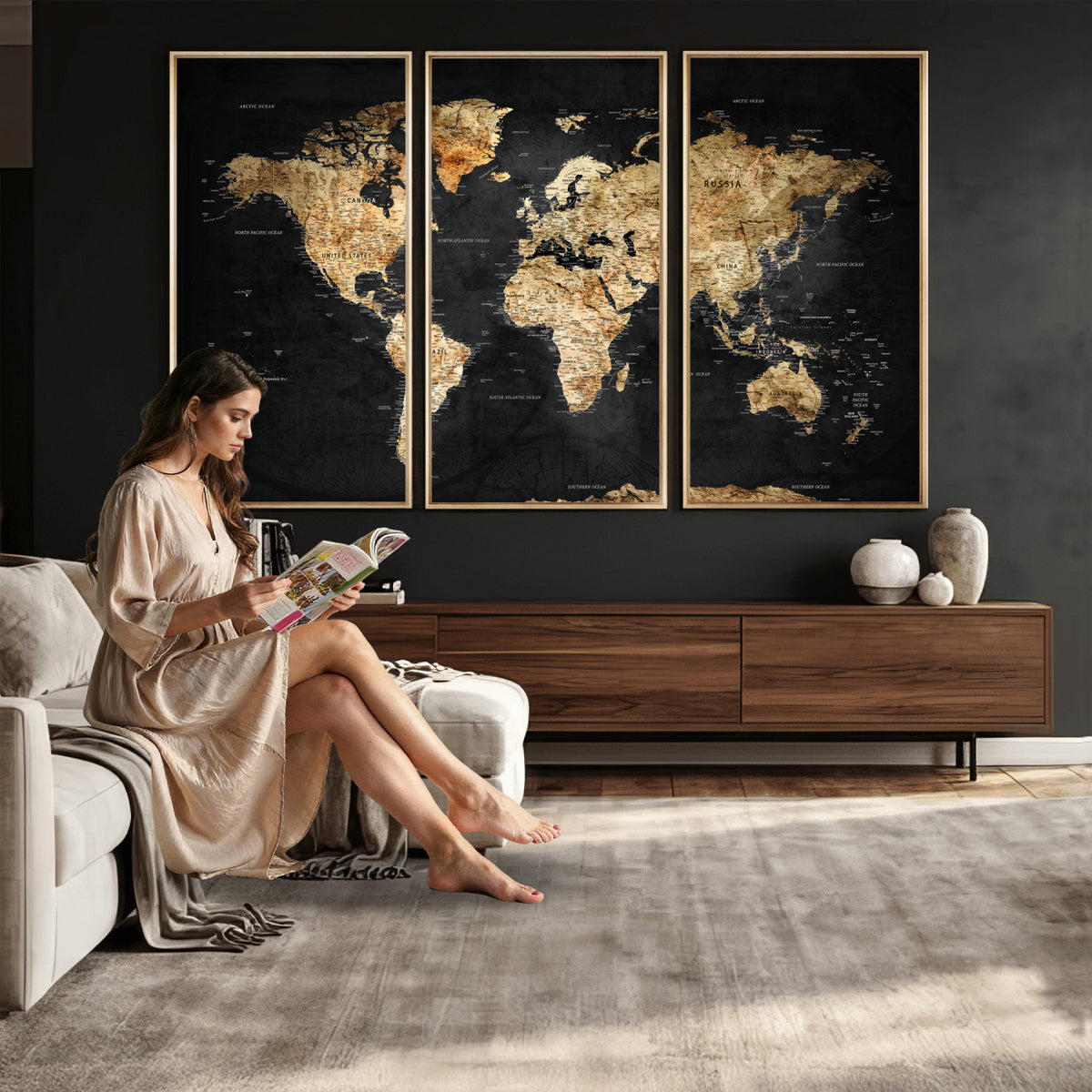 23568589-MGV-CV-36X24 - World Map Wall Art Canvas Print, Modern Decorative Framed Map Artwork Prints for Living Room, Office, Bedroom Wall Decor
