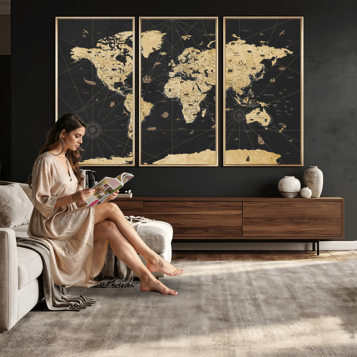 80270976-MGV-CV-36X24 - World Map Wall Art Canvas Print, Modern Decorative Framed Map Artwork Prints for Living Room, Office, Bedroom Wall Decor