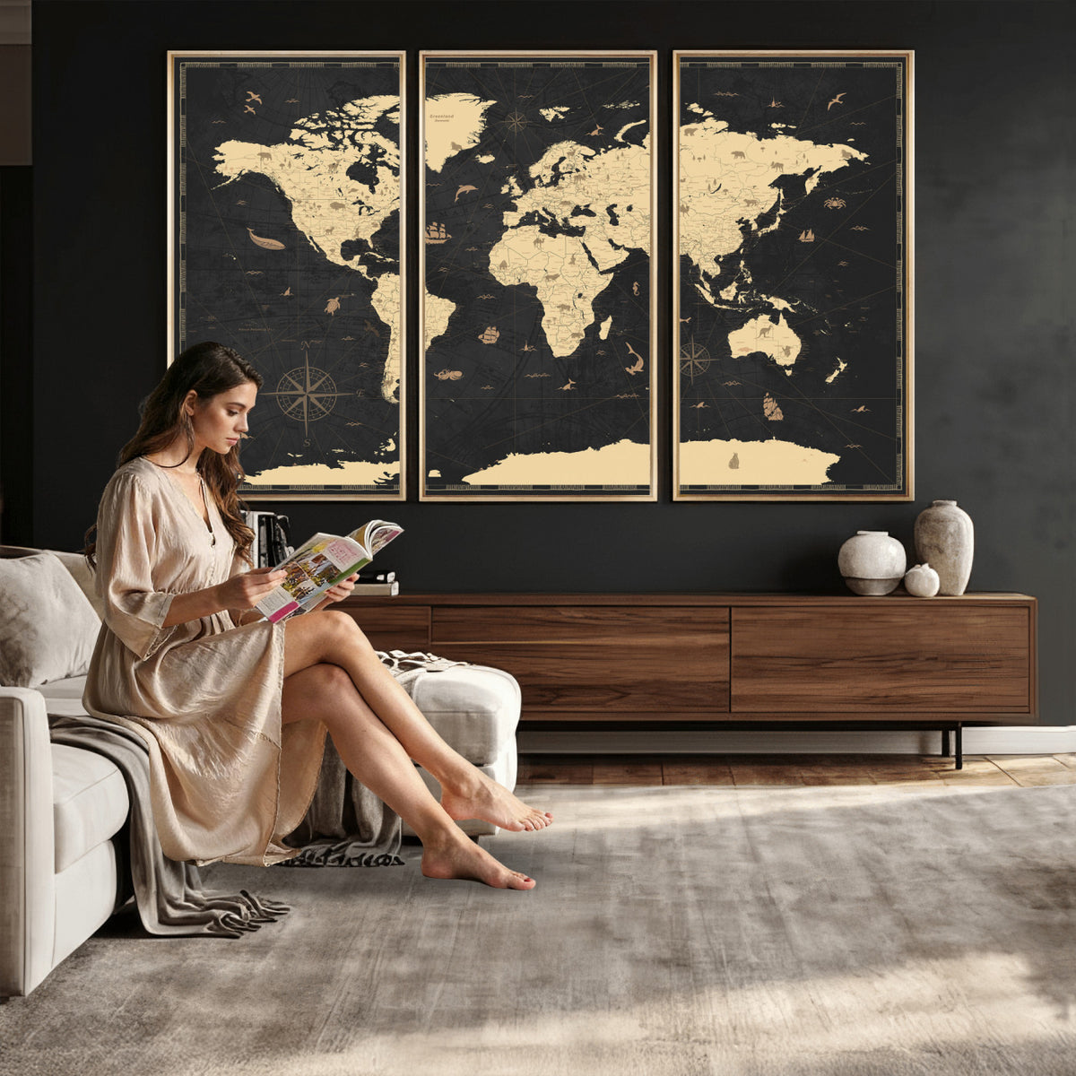 75220264-MGV-CV-36X24 - World Map Wall Art Canvas Print, Modern Decorative Framed Map Artwork Prints for Living Room, Office, Bedroom Wall Decor