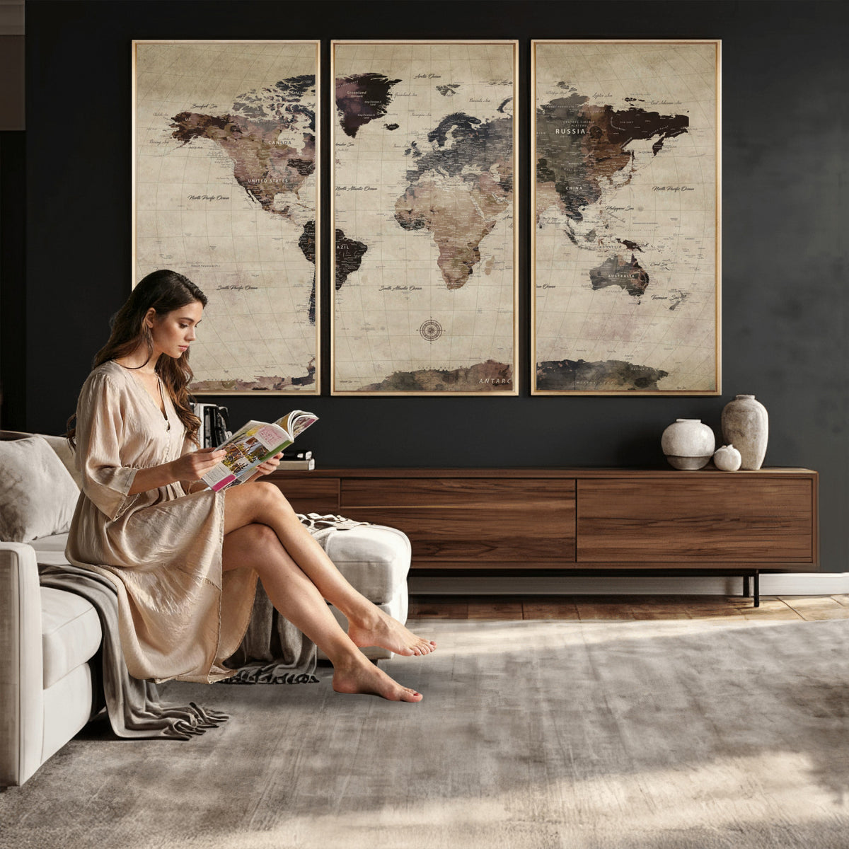 60560672-MGV-CV-36X24 - World Map Wall Art Canvas Print, Modern Decorative Framed Map Artwork Prints for Living Room, Office, Bedroom Wall Decor