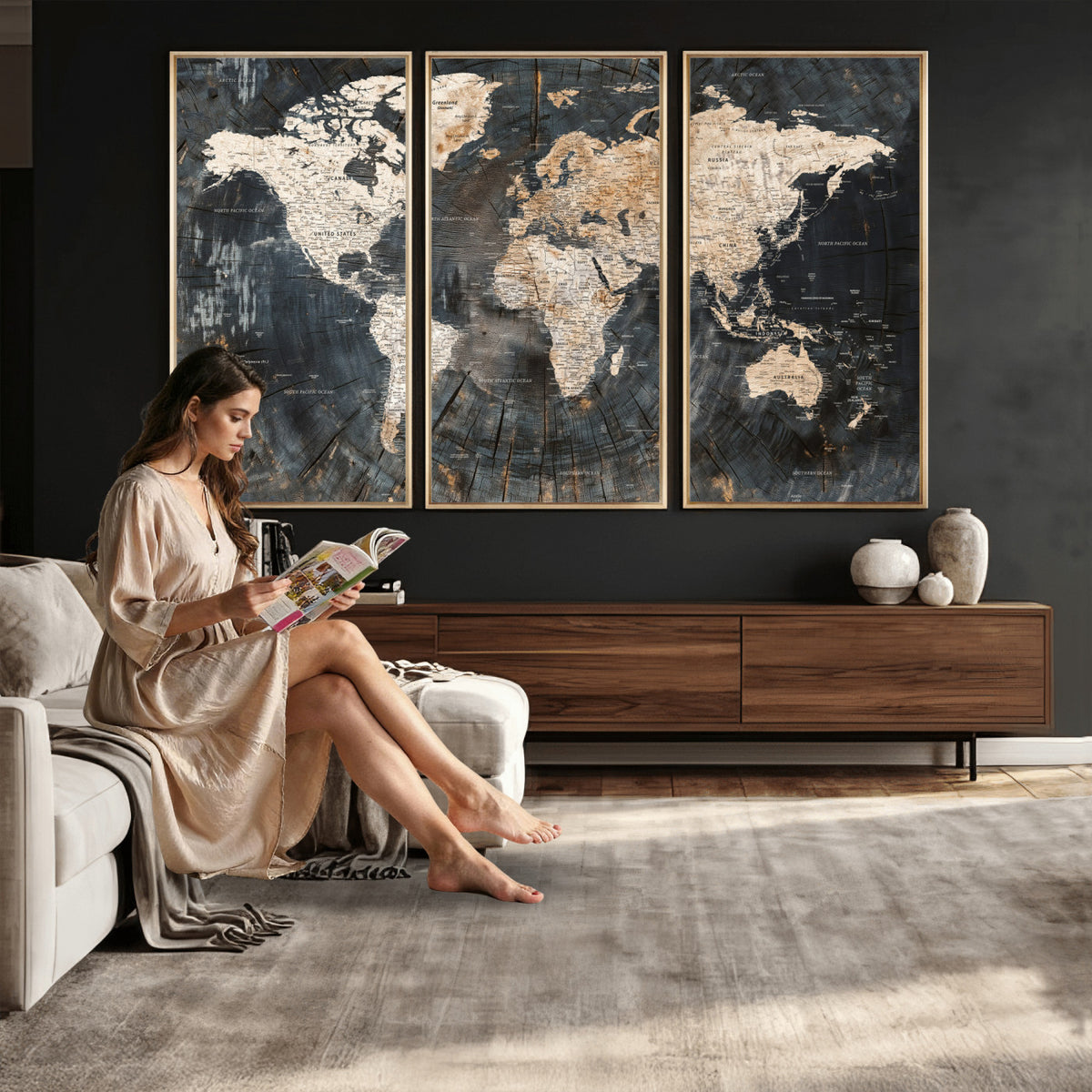 89162112-MGV-CV-36X24 - World Map Wall Art Canvas Print, Modern Decorative Framed Map Artwork Prints for Living Room, Office, Bedroom Wall Decor