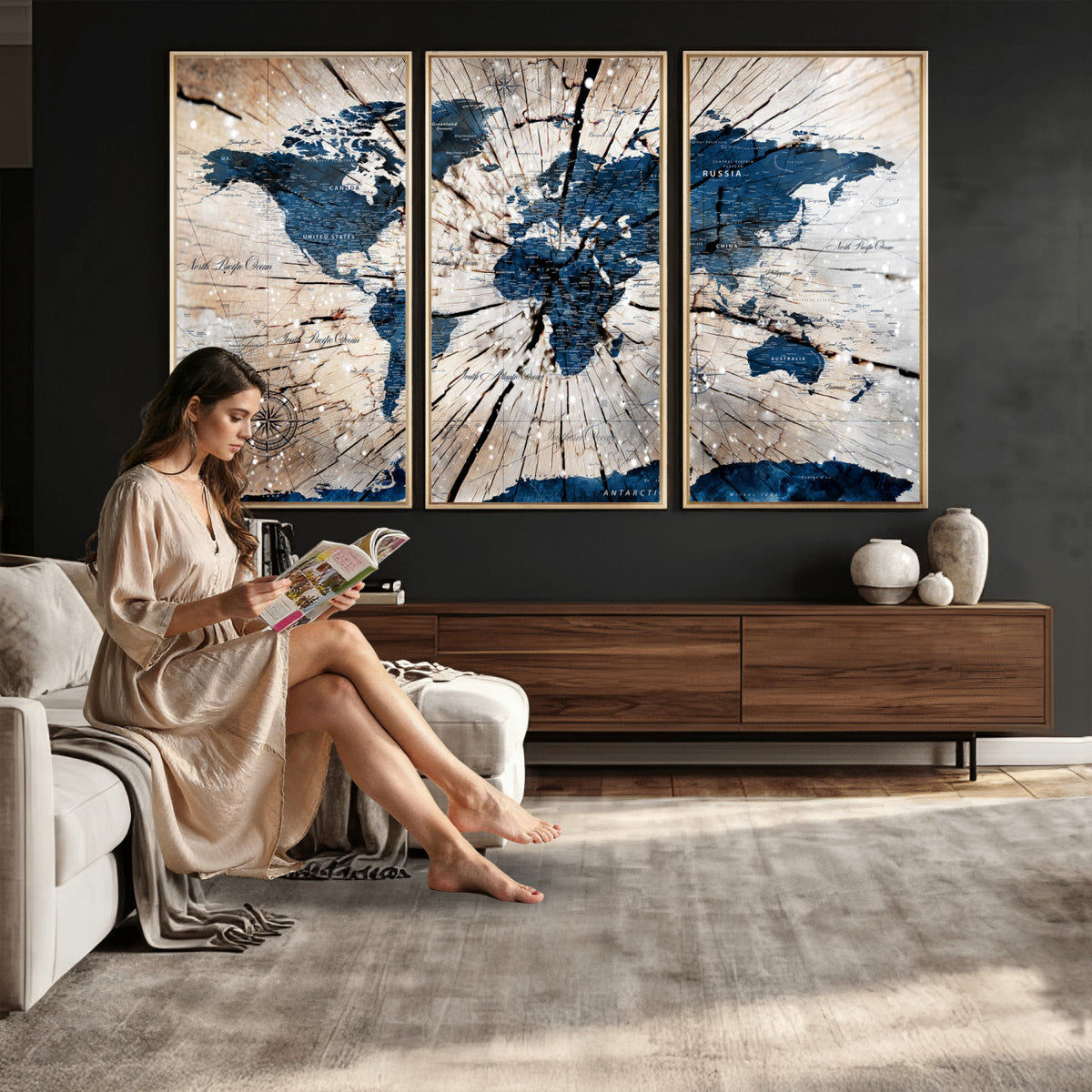 19478704-MGV-CV-36X24 - World Map Wall Art Canvas Print, Modern Decorative Framed Map Artwork Prints for Living Room, Office, Bedroom Wall Decor