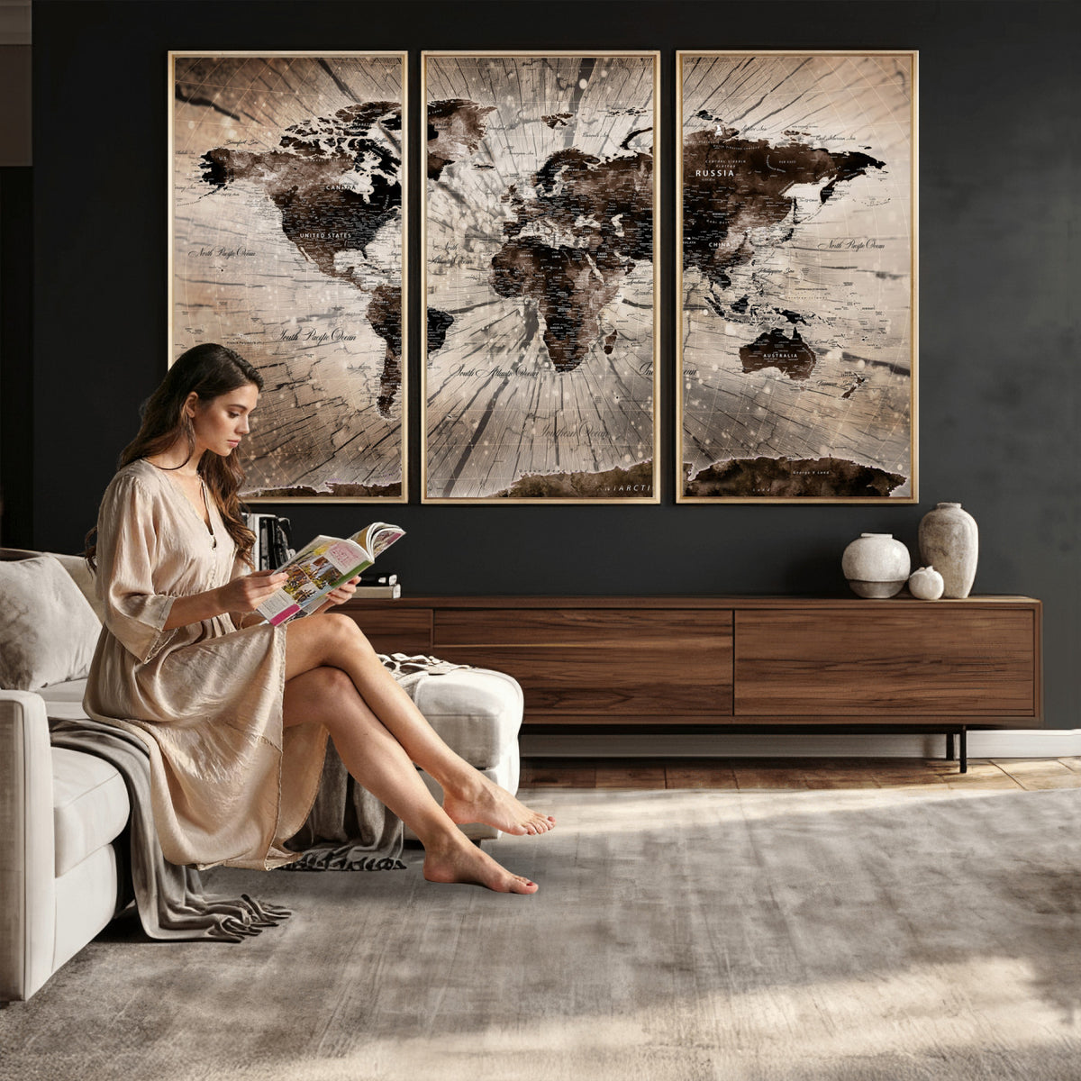 94623295-MGV-CV-36X24 - World Map Wall Art Canvas Print, Modern Decorative Framed Map Artwork Prints for Living Room, Office, Bedroom Wall Decor