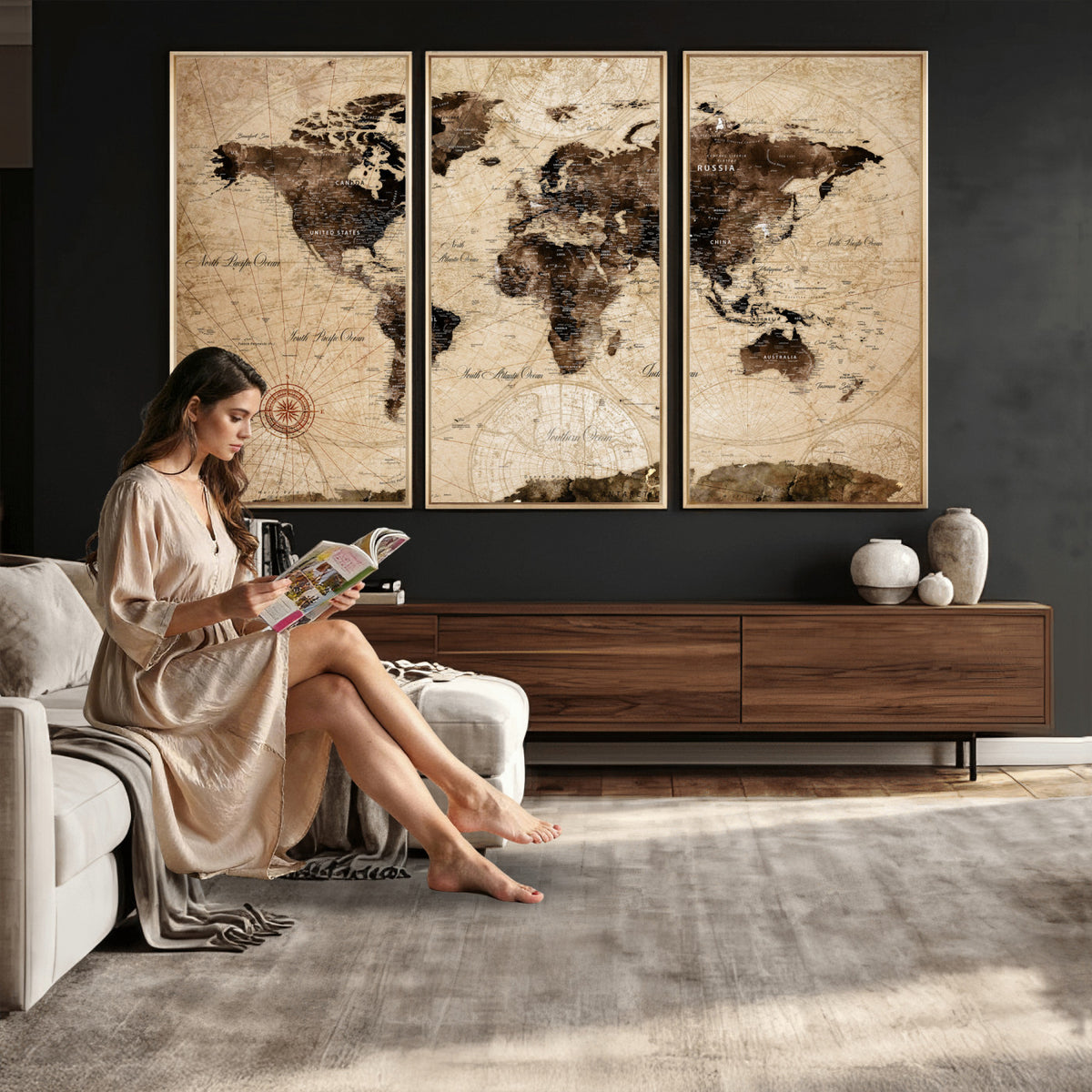 47657418-MGV-CV-36X24 - World Map Wall Art Canvas Print, Modern Decorative Framed Map Artwork Prints for Living Room, Office, Bedroom Wall Decor