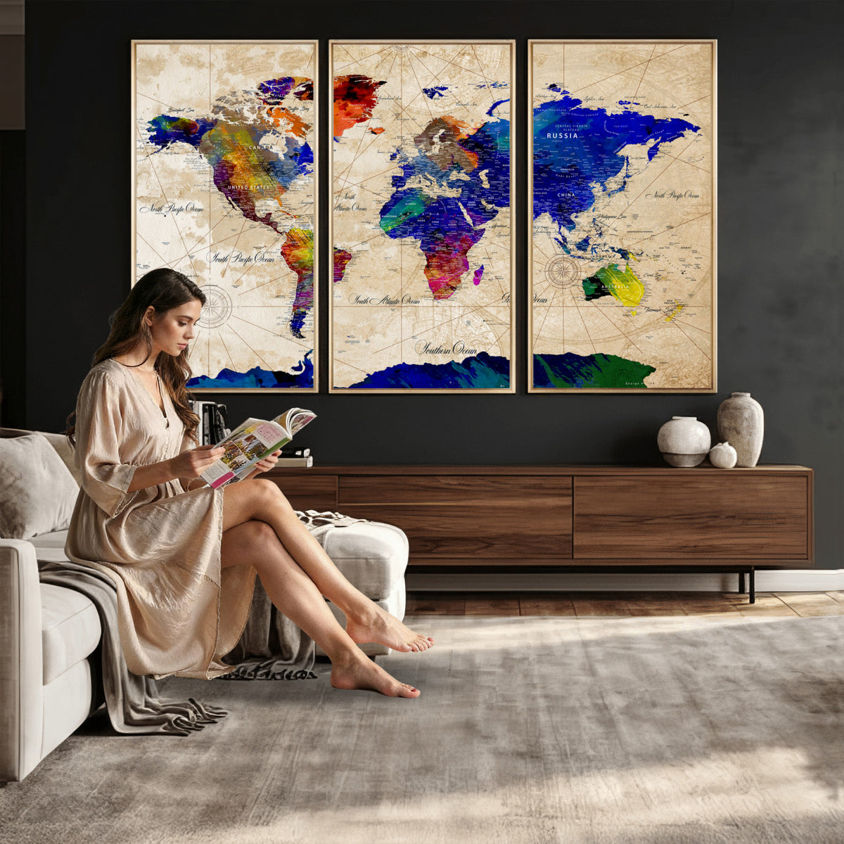 26284075-MGV-CV-36X24 - World Map Wall Art Canvas Print, Modern Decorative Framed Map Artwork Prints for Living Room, Office, Bedroom Wall Decor