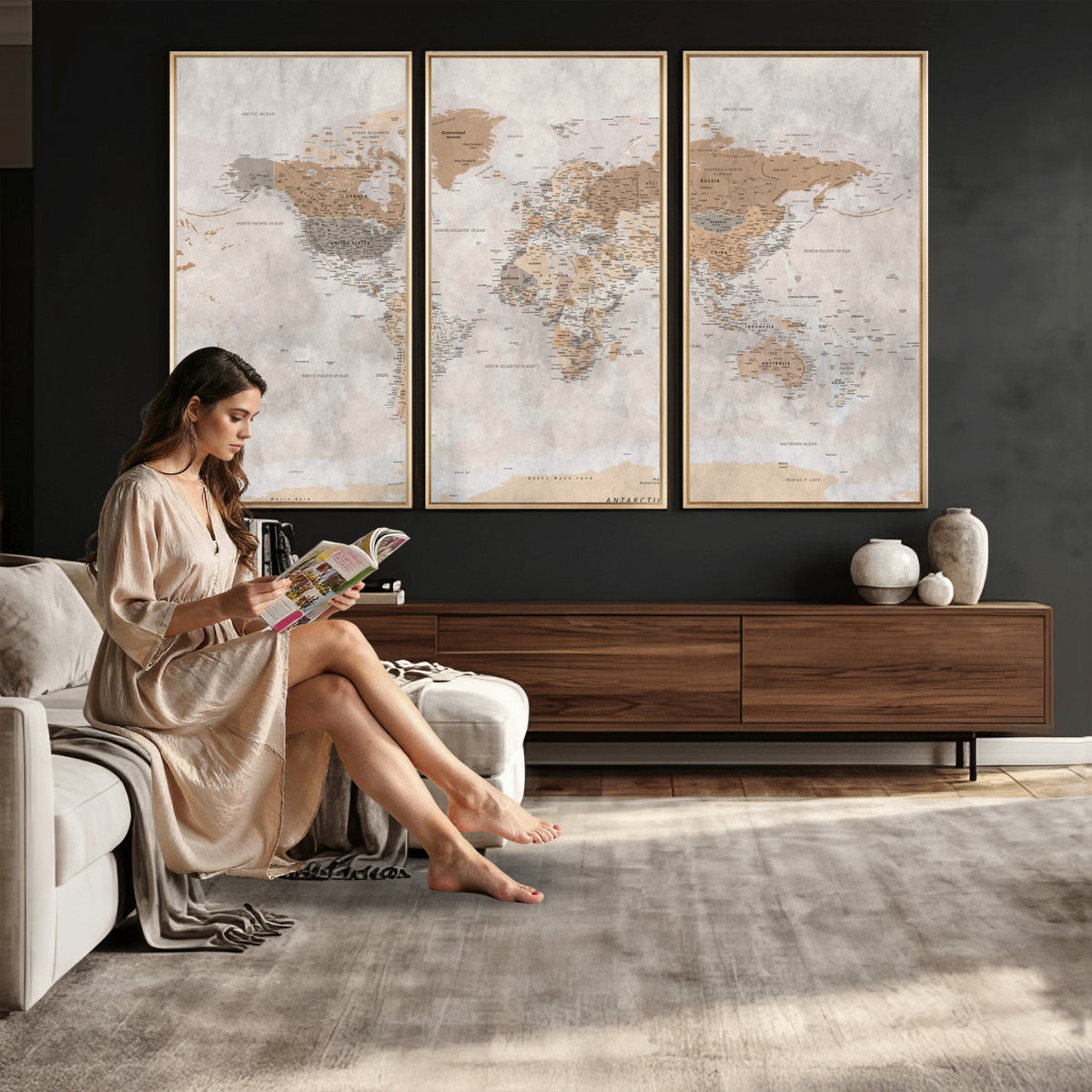 34051638-MGV-CV-36X24 - Detailed World Map Wall Art Canvas Print for Home and Office Decor