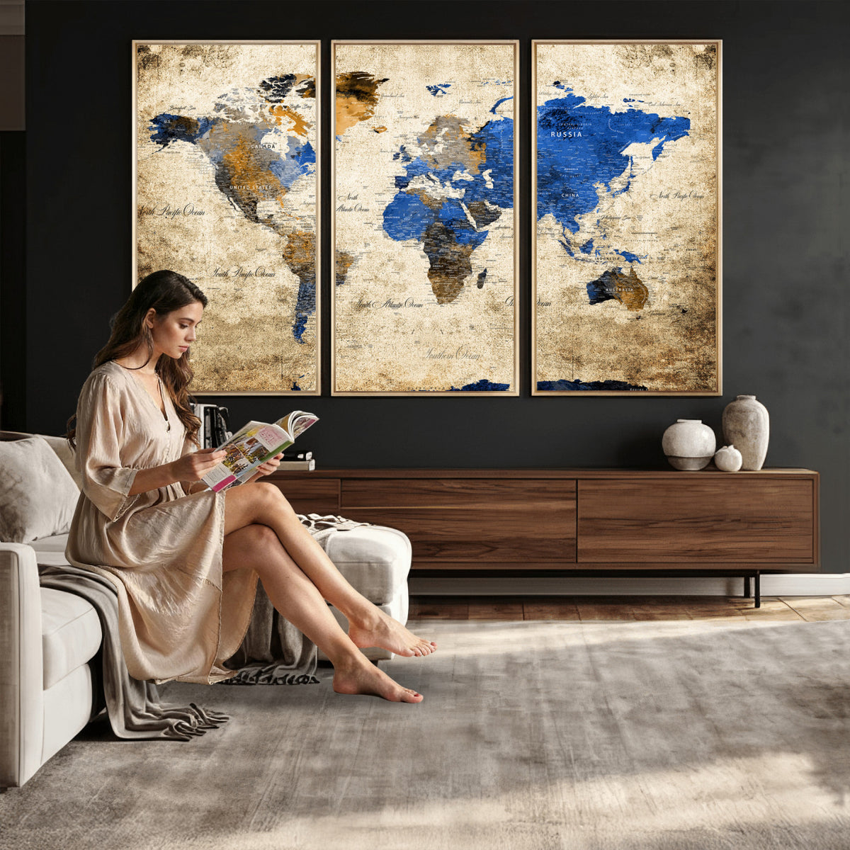 27314341-MGV-CV-36X24 - World Map Wall Art Canvas Print, Modern Decorative Framed Map Artwork Prints for Living Room, Office, Bedroom Wall Decor