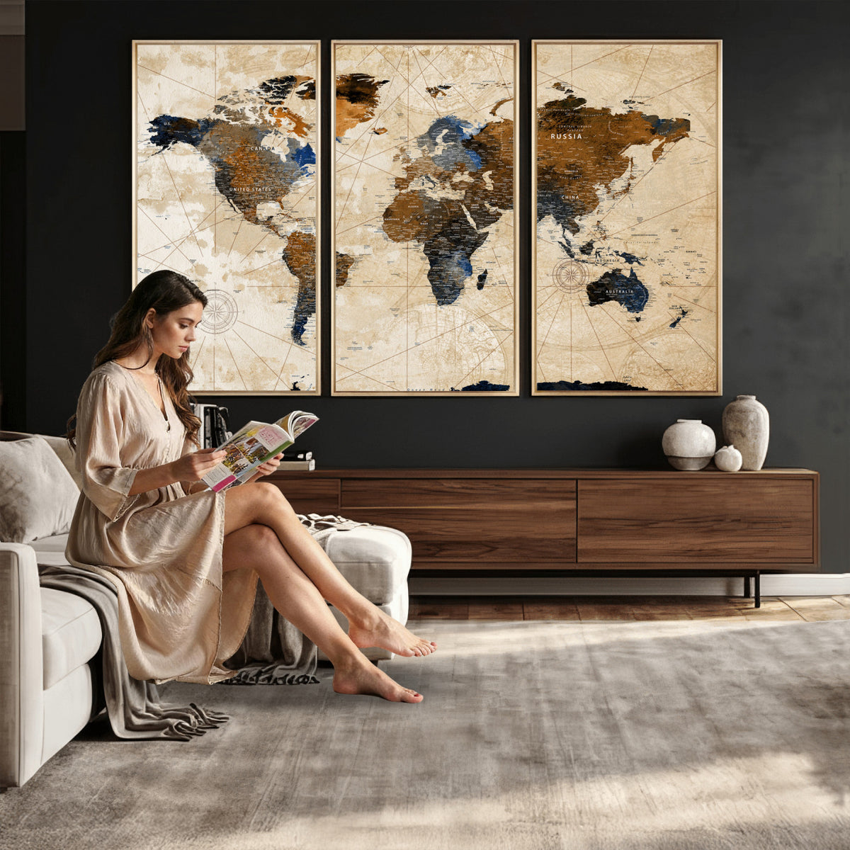 15727090-MGV-CV-36X24 - World Map Wall Art Canvas Print, Modern Decorative Framed Map Artwork Prints for Living Room, Office, Bedroom Wall Decor