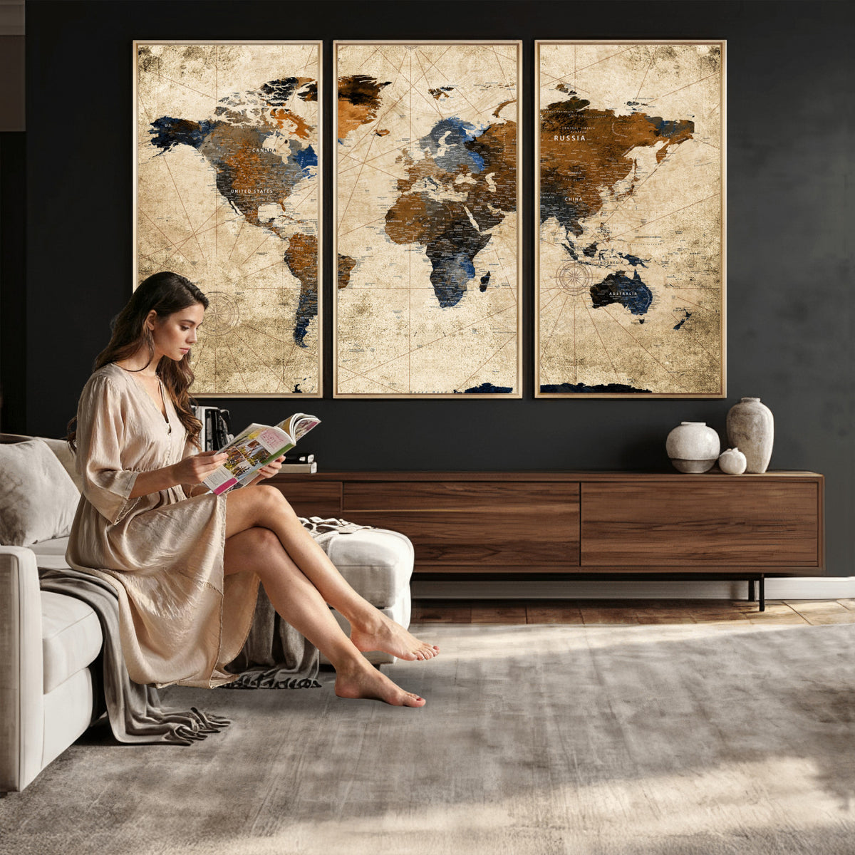 27163414-MGV-CV-36X24 - World Map Wall Art – Rustic Earth Tone Canvas Print, Antique