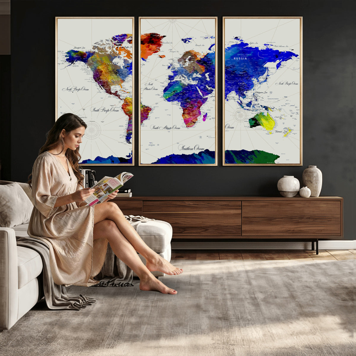 49670038-MGV-CV-36X24 - World Map Wall Art Canvas Print, Modern Decorative Framed Map Artwork Prints for Living Room, Office, Bedroom Wall Decor