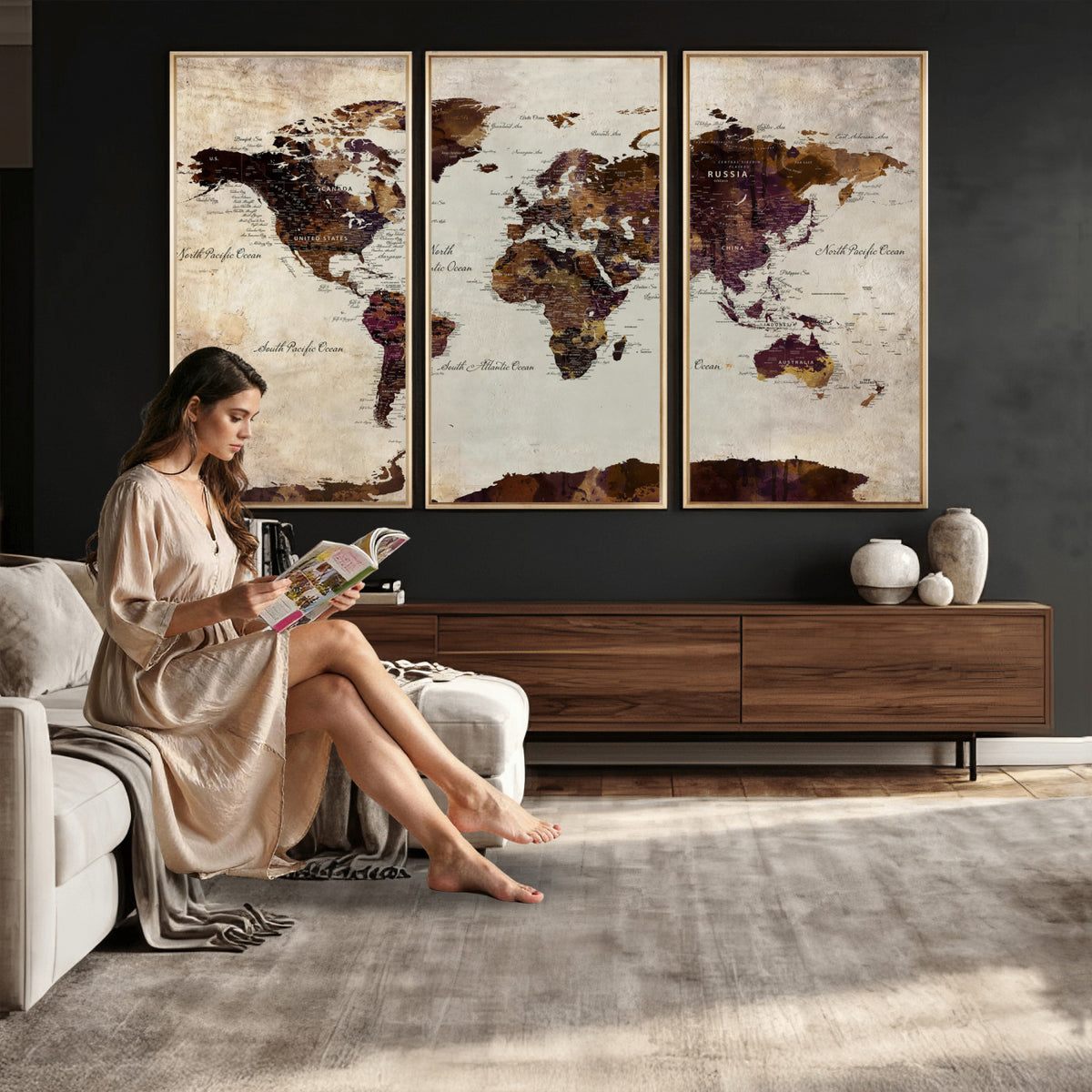 50611123-MGV-CV-36X24 - World Map Canvas Triptych | Colorful Global Wall Art for Living Rooms