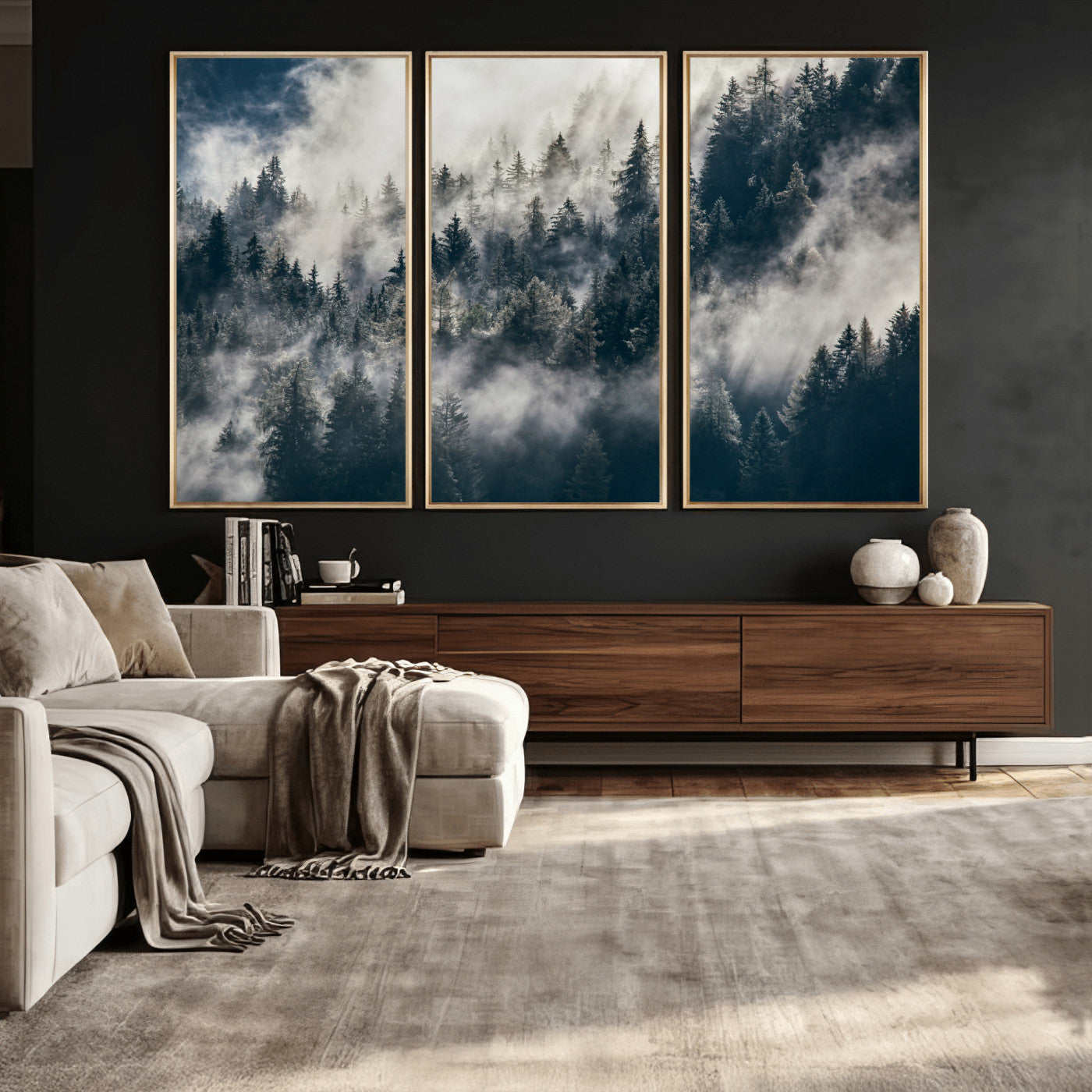 63405824-MGV-CV-36X24 - Foggy Mountain Forest Canvas Print, Misty Pine Trees Nature Wall Art, Framed Canvas Ready to Hang