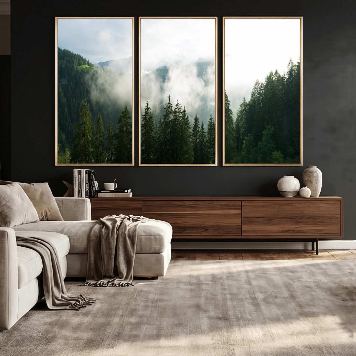 67174129-MGV-CV-36X24 - Misty Mountain Forest Canvas Print, Foggy Pine Trees Nature Wall Art, Framed Canvas Ready to Hang