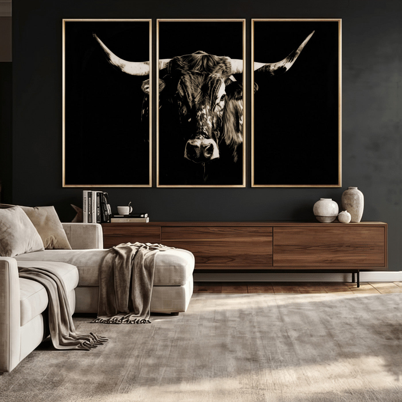75774468-MGV-CV-36X24 - Black Bull Wall Art Canvas Print, Dark Longhorn Portrait Photography, Framed Wall Art Ready to Hang