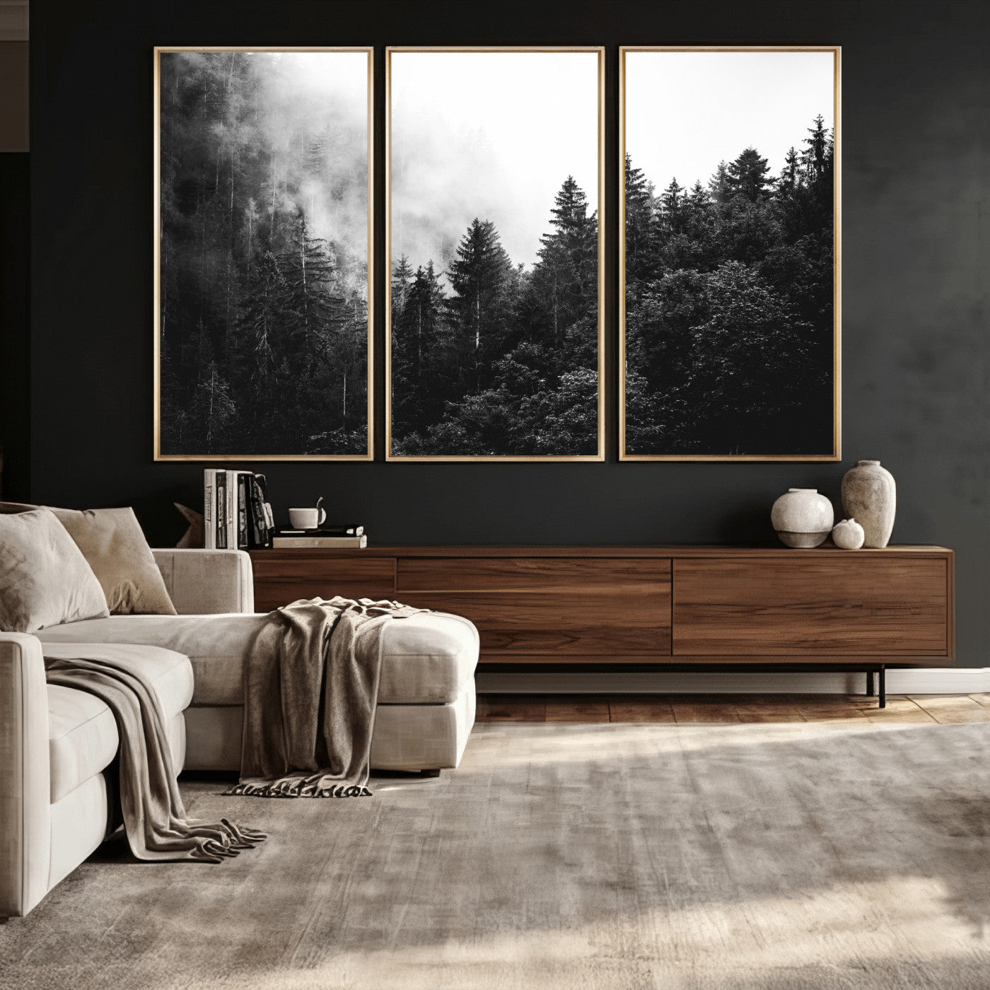 98764151-MGV-CV-36X24 - Black and White Forest Wall Art Canvas Print, Misty Pine Tree Landscape Photography, Framed Wall Art Ready to Hang