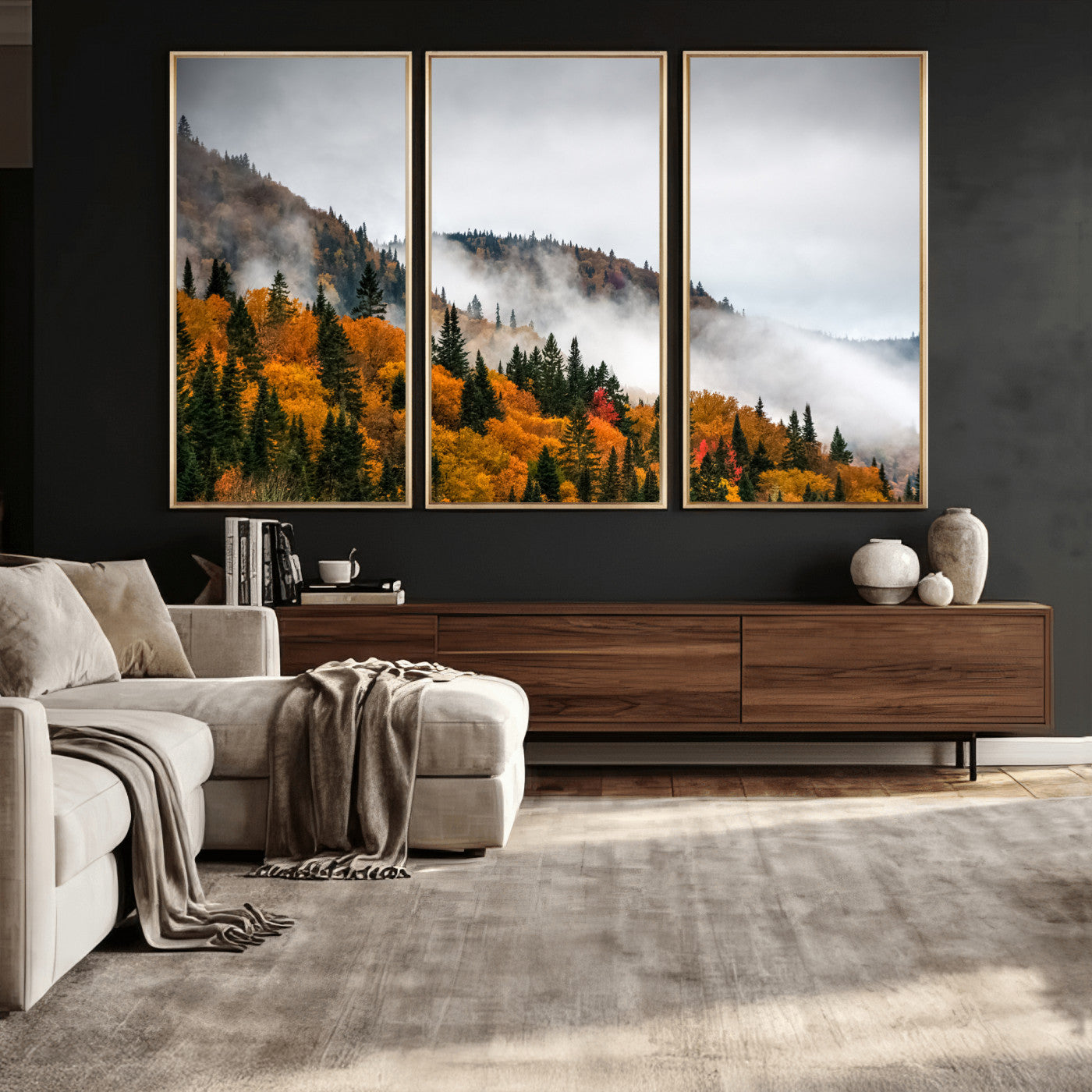 93581632-MGV-CV-36X24 - Autumn Forest Wall Art Canvas Print, Foggy Mountain Landscape Nature Photography, Framed Wall Art Ready to Hang