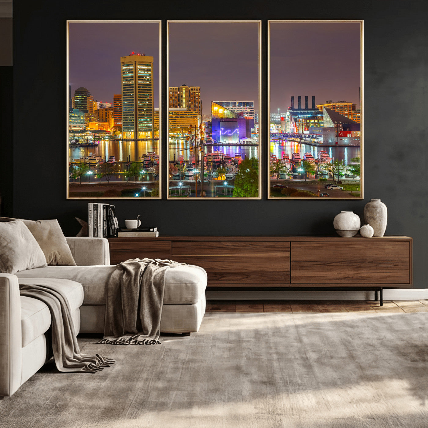 42654823-MGV-CV-36X24 - Baltimore Skyline Wall Art Canvas Print, Baltimore Downtown Night Cityscape Print for Modern Urban Wall Decor