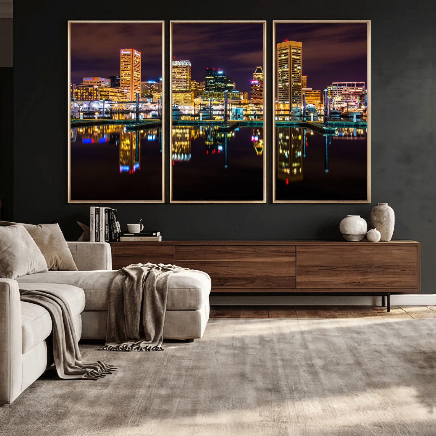 38201692-MGV-CV-36X24 - Baltimore Skyline Wall Art Canvas Print, Baltimore Downtown Night Cityscape Print for Modern Urban Wall Decor