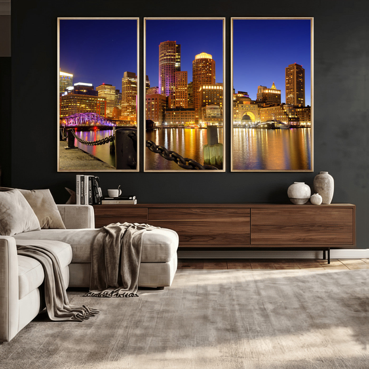 56611117-MGV-CV-36X24 - Boston Wall Art Canvas Print, Boston City Downtown Night Cityscape Print for Modern Urban Wall Decor