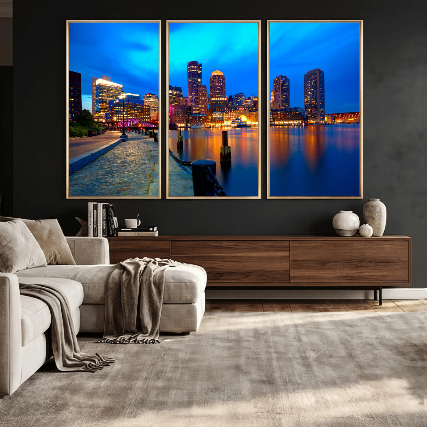 69619565-MGV-CV-36X24 - Boston Wall Art Canvas Print, Boston City Downtown Night Cityscape Print for Modern Urban Wall Decor