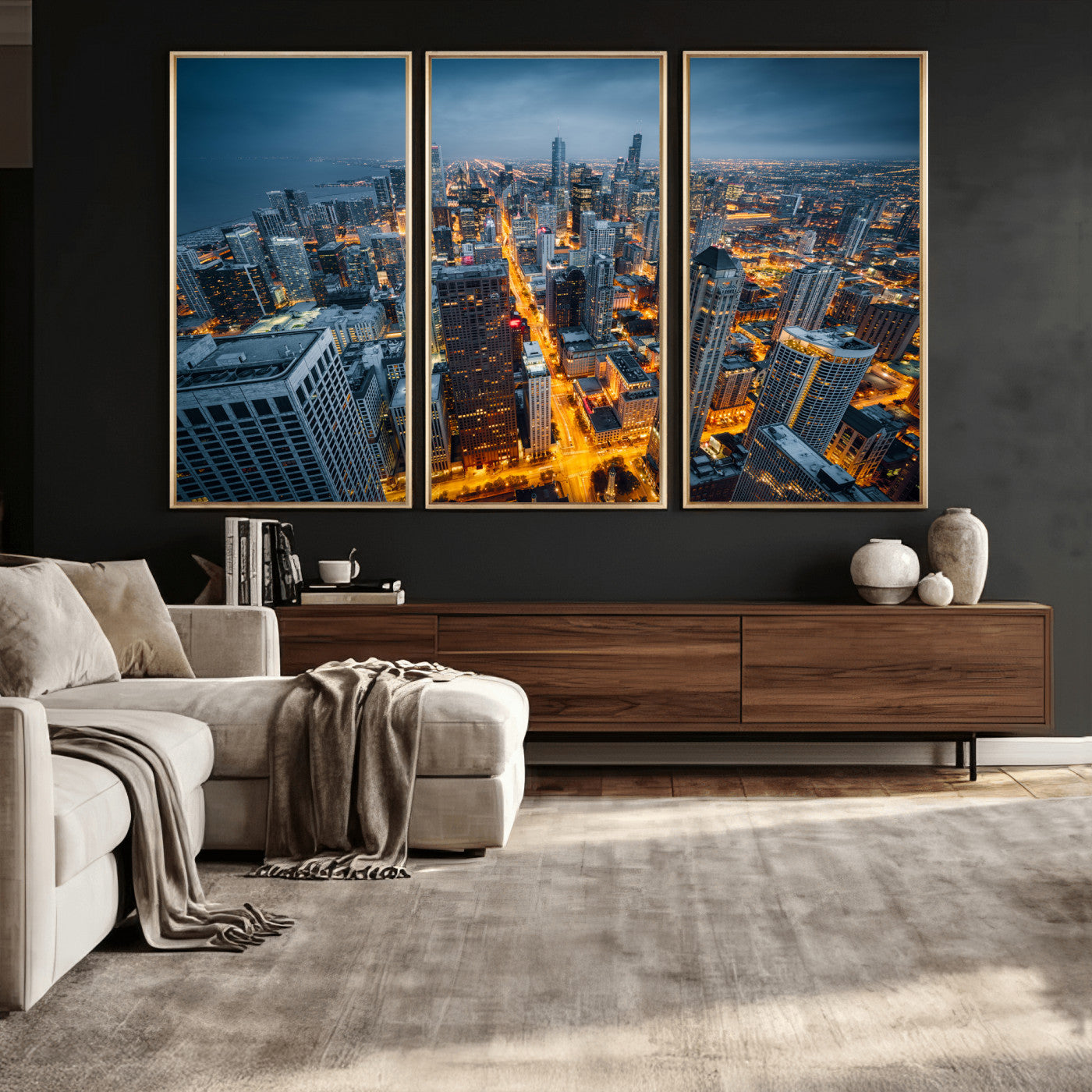 81742538-MGV-CV-36X24 - Chicago Wall Art Canvas Print, Chicago City Downtown Night Cityscape Print for Modern Urban Wall Decor
