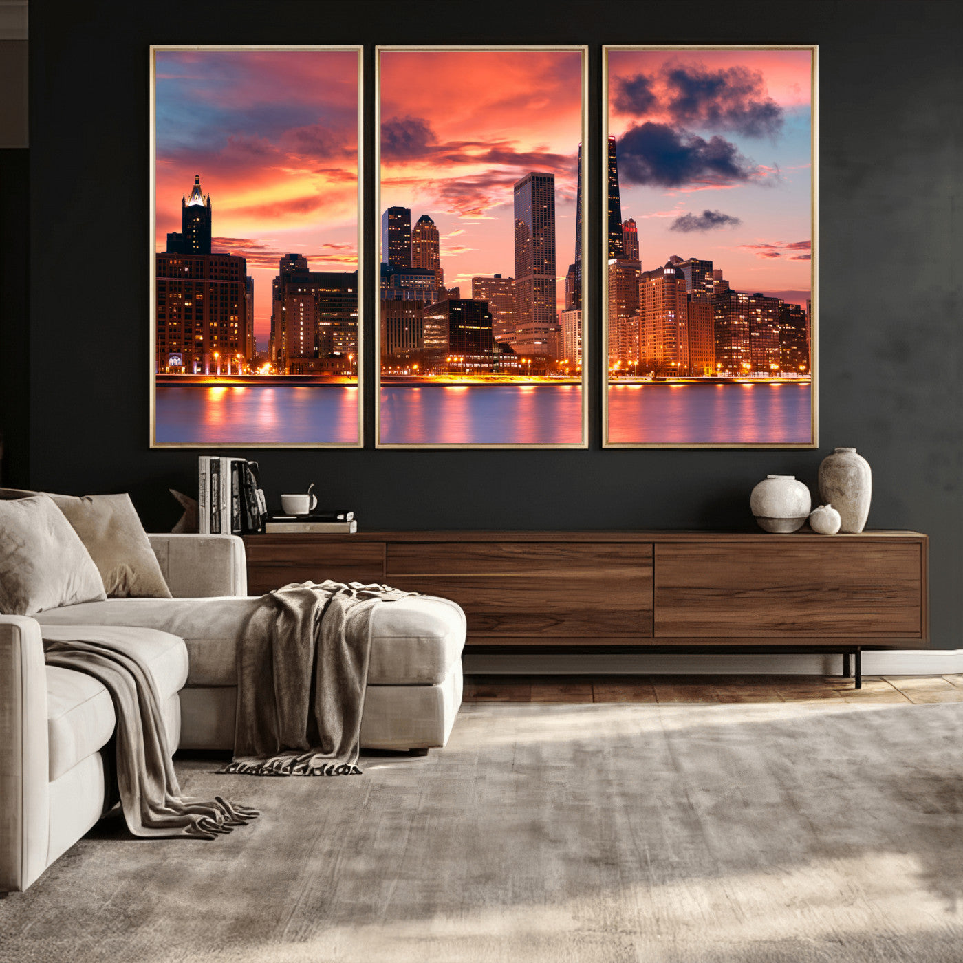 80390109-MGV-CV-36X24 - Chicago Wall Art Canvas Print, Chicago City Downtown Night Cityscape Print for Modern Urban Wall Decor