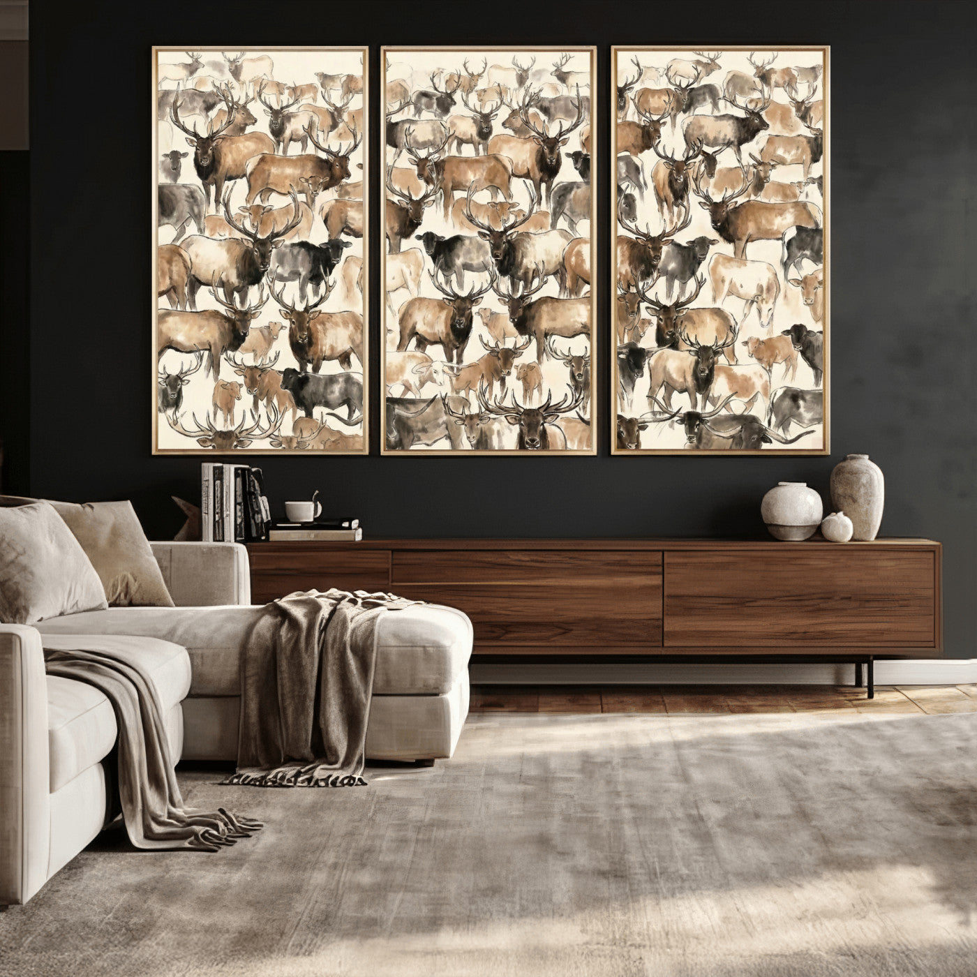 24374881-MGV-CV-36X24 - Farmhouse Animals Wall Art Canvas Print - Abstract Farm Animal Drawing Mid-Century Wall Art for Cabin Decor