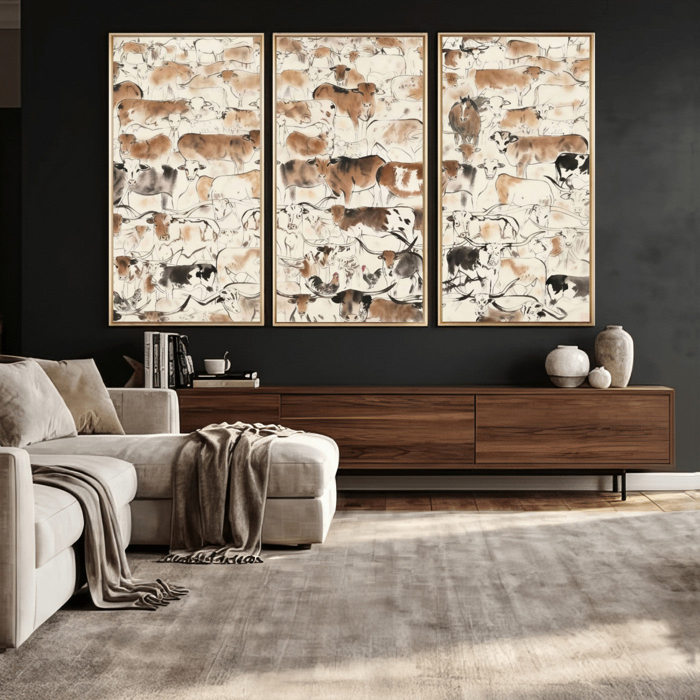 69961368-MGV-CV-36X24 - Farmhouse Animals Wall Art Canvas Print - Abstract Farm Animal Drawing Mid-Century Wall Art for Cabin Decor