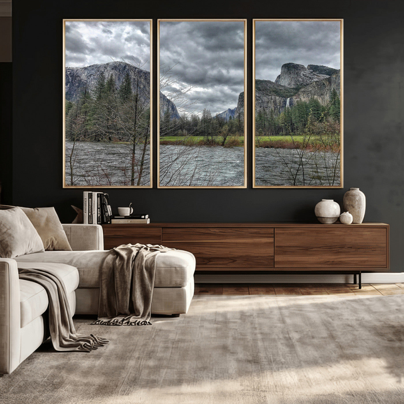 75582552-MGV-CV-36X24 - Yosemite Valley River Landscape Wall Art Canvas Print, Granite Cliffs Forest River Canvas Print, California National Park Moody Scenic Art Printi