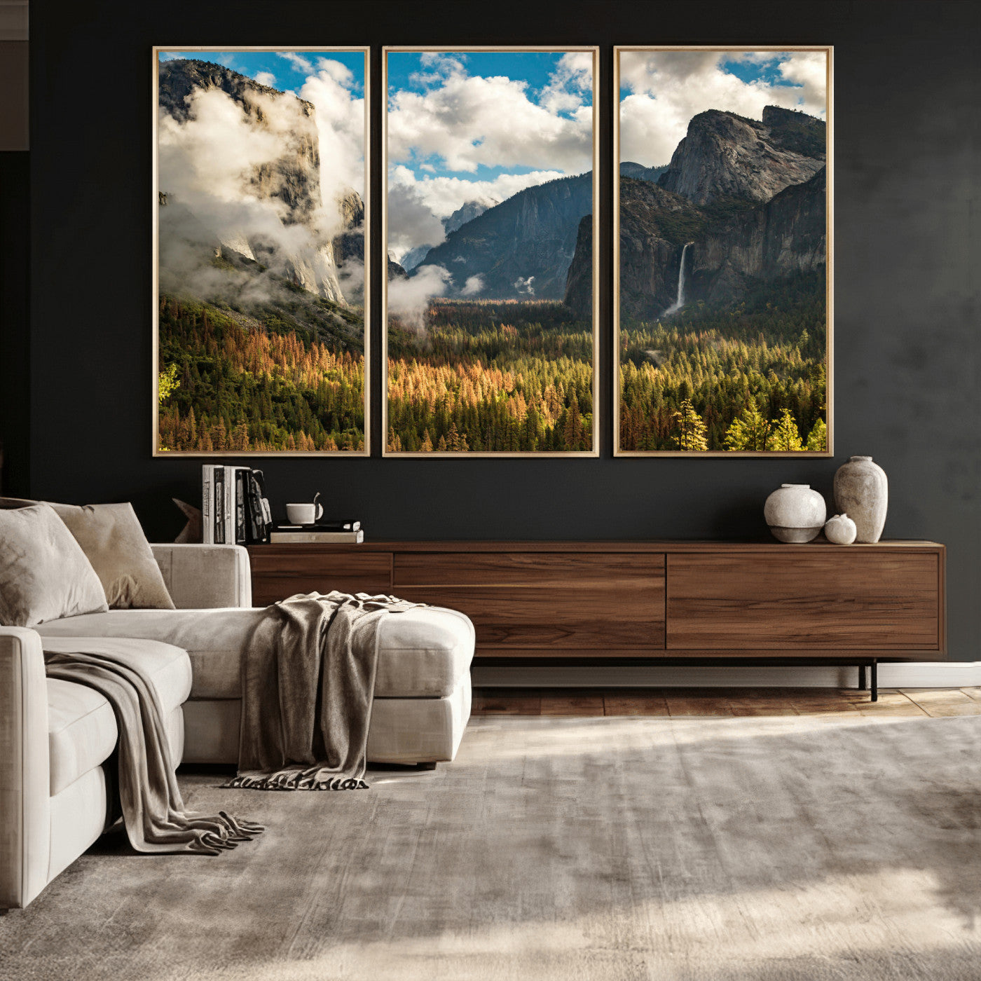 18271001-MGV-CV-36X24 - Yosemite Valley River Landscape Wall Art Canvas Print, Granite Cliffs Forest River Canvas Print, California National Park Moody Scenic Art Printi