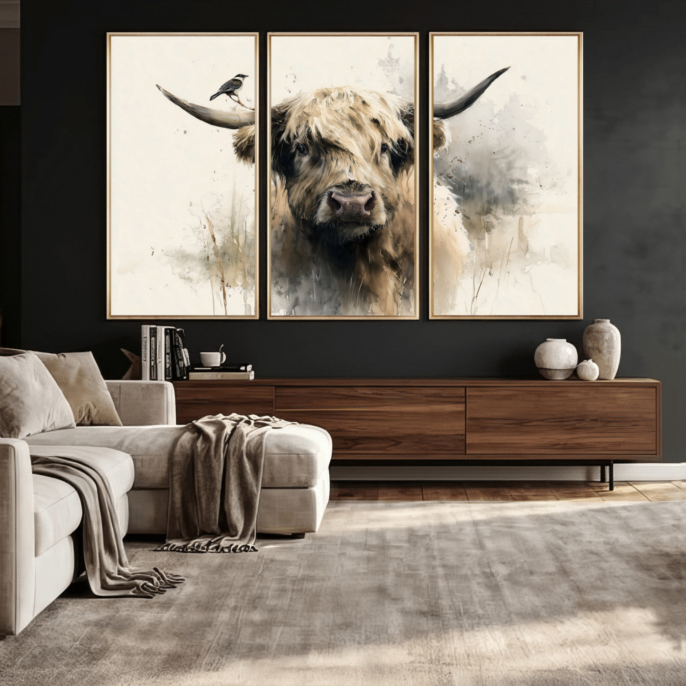 98249290-MGV-CV-36X24 - Abstract Highland Cow Watercolor Animal Wall Art Canvas Print, Rustic Farm Cattle Portrait Canvas Print, Neutral Wildlife Farmhouse Art Printing