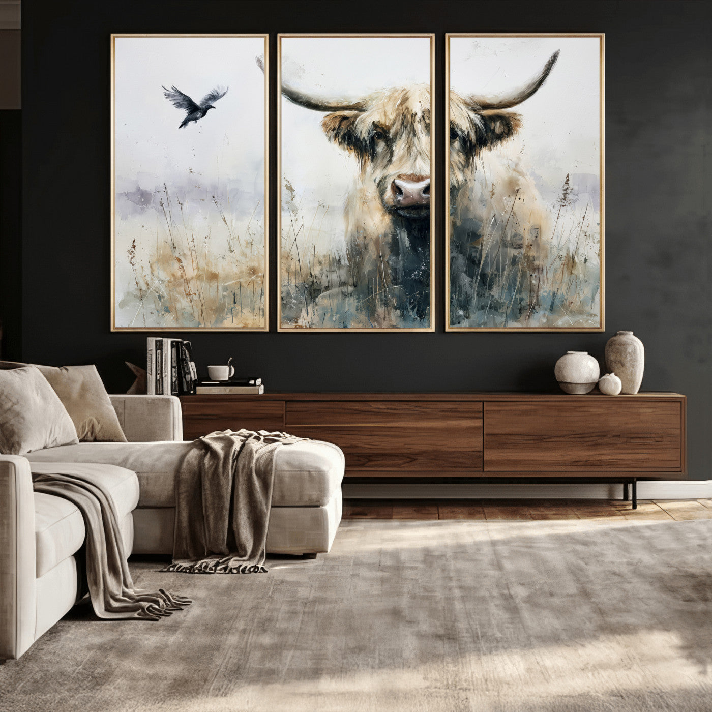 55652651-MGV-CV-36X24 - Abstract Highland Cow Watercolor Animal Wall Art Canvas Print, Rustic Farm Cattle Portrait Canvas Print, Neutral Wildlife Farmhouse Art Printing