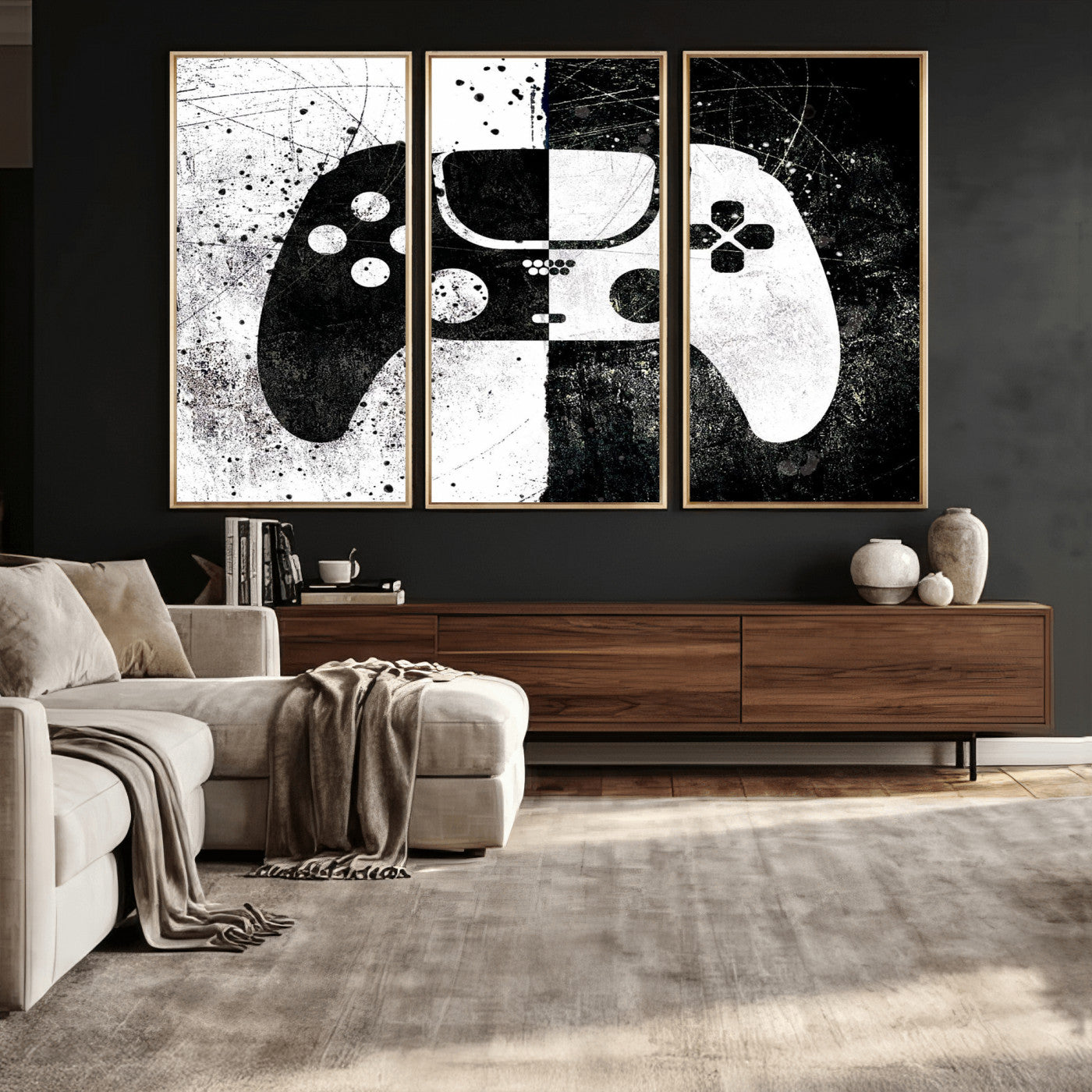 17525128-MGV-CV-36X24 - Abstract Gaming Controller Wall Art Canvas Print, Black White Video Game Controller Modern Canvas Print, Minimal Gamer Graphic Art Printing
