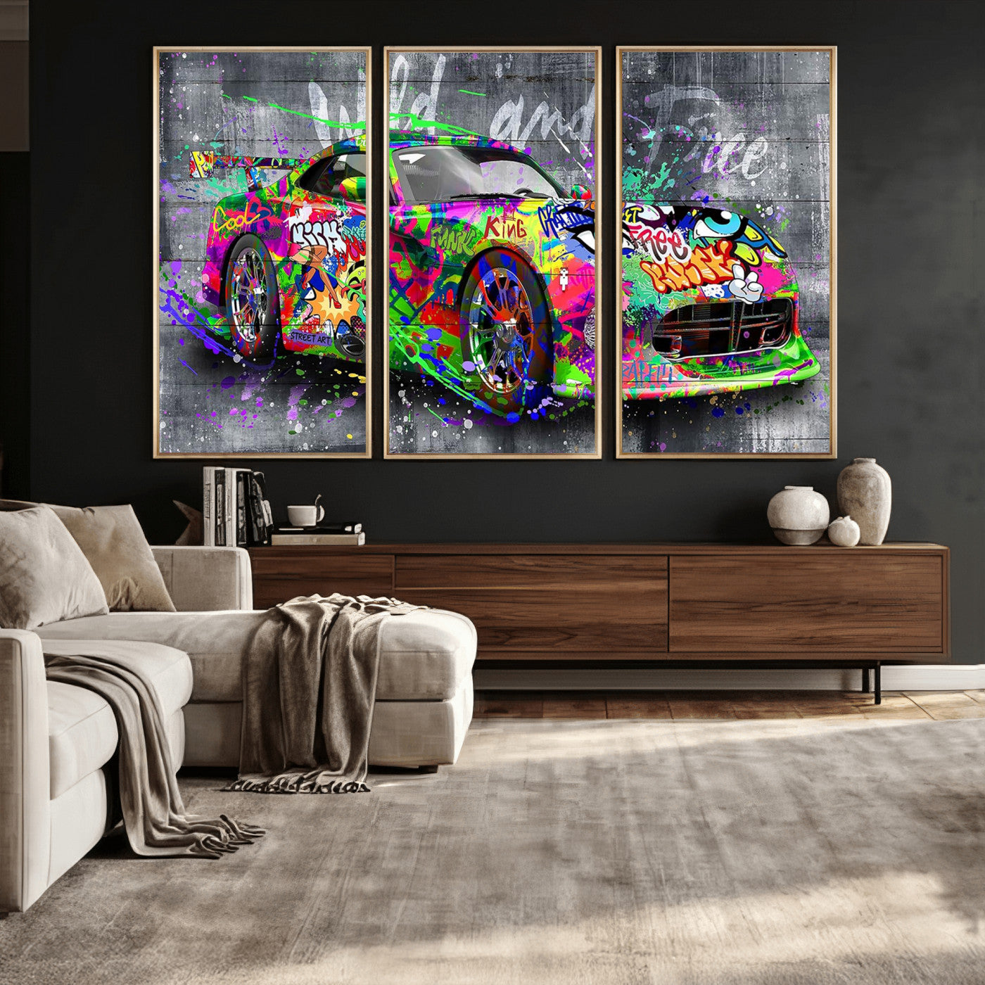 95314968-MGV-CV-36X24 - Graffiti Sports Car Street Art Wall Art Canvas Print, Colorful Urban Supercar Pop Art Canvas Print, Modern Graffiti Car Contemporary Art Printing