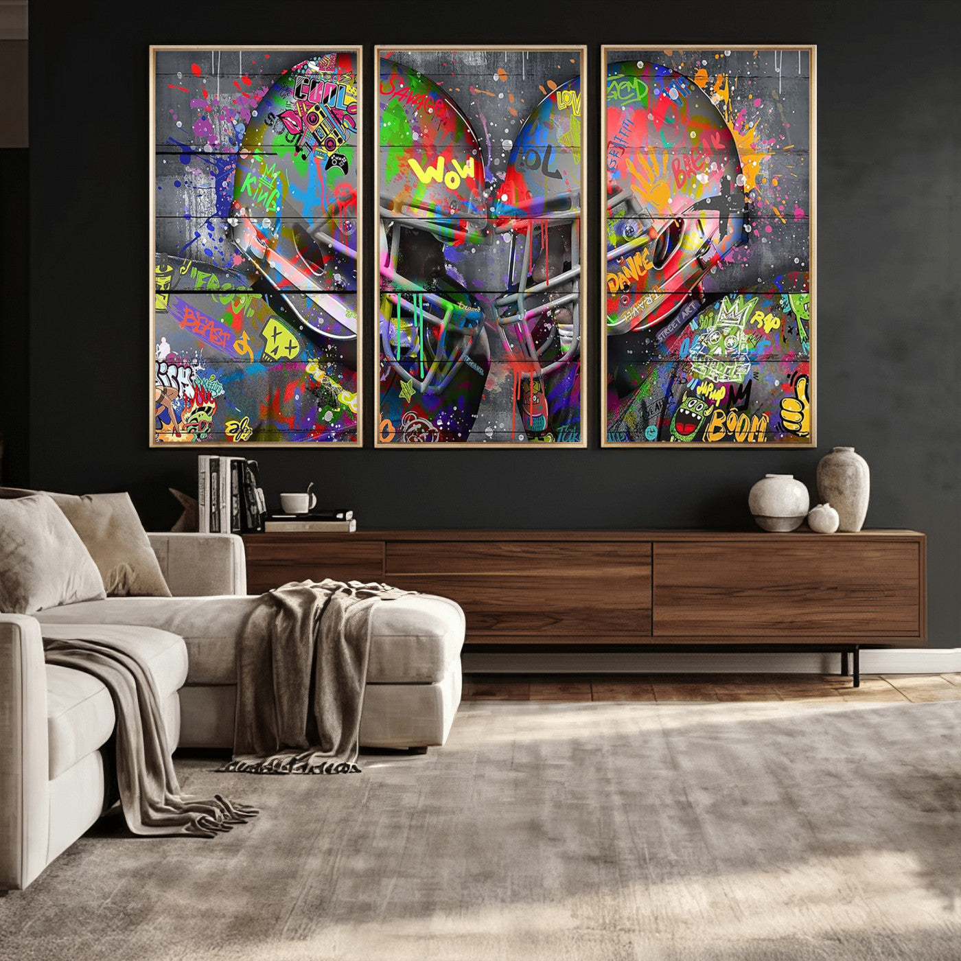 15309853-MGV-CV-36X24 - Graffiti Football Helmets Wall Art Canvas Print, Urban Street Art Sports Decor, Colorful American Football Graffiti Artwork