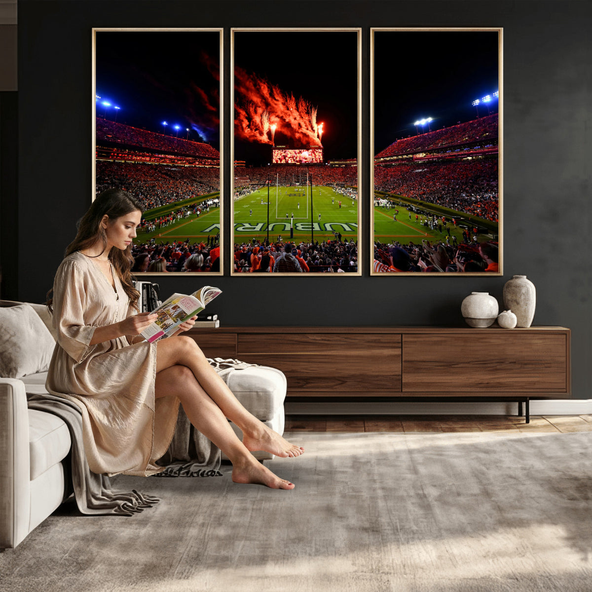 81918884-MGV-CV-36X24 - Auburn Stadium Wall Art Canvas Print, College Football Night Game Crowd, Jordan Hare Stadium Artwork