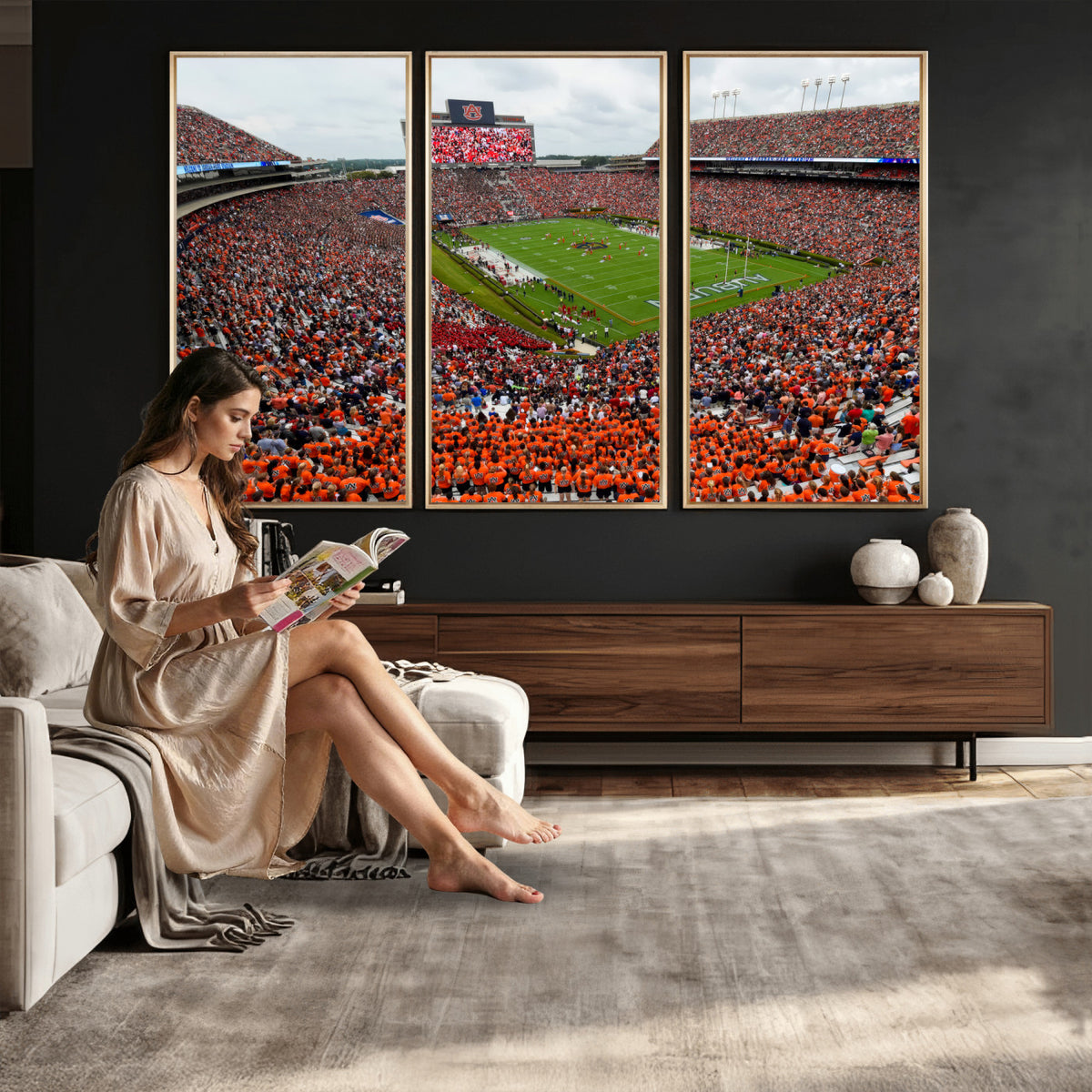 82562490-MGV-CV-36X24 - Auburn Stadium Sunset Wall Art Canvas Print, Jordan Hare Stadium Game Day Crowd, Auburn Tigers Football Artwork