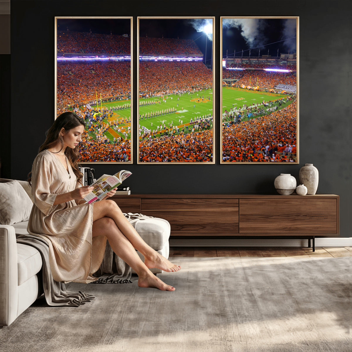 43662631-MGV-CV-36X24 - Clemson Football Stadium Wall Art Canvas Print, College Football Crowd Night Game Scene, Orange Stadium Panorama Wall Decor