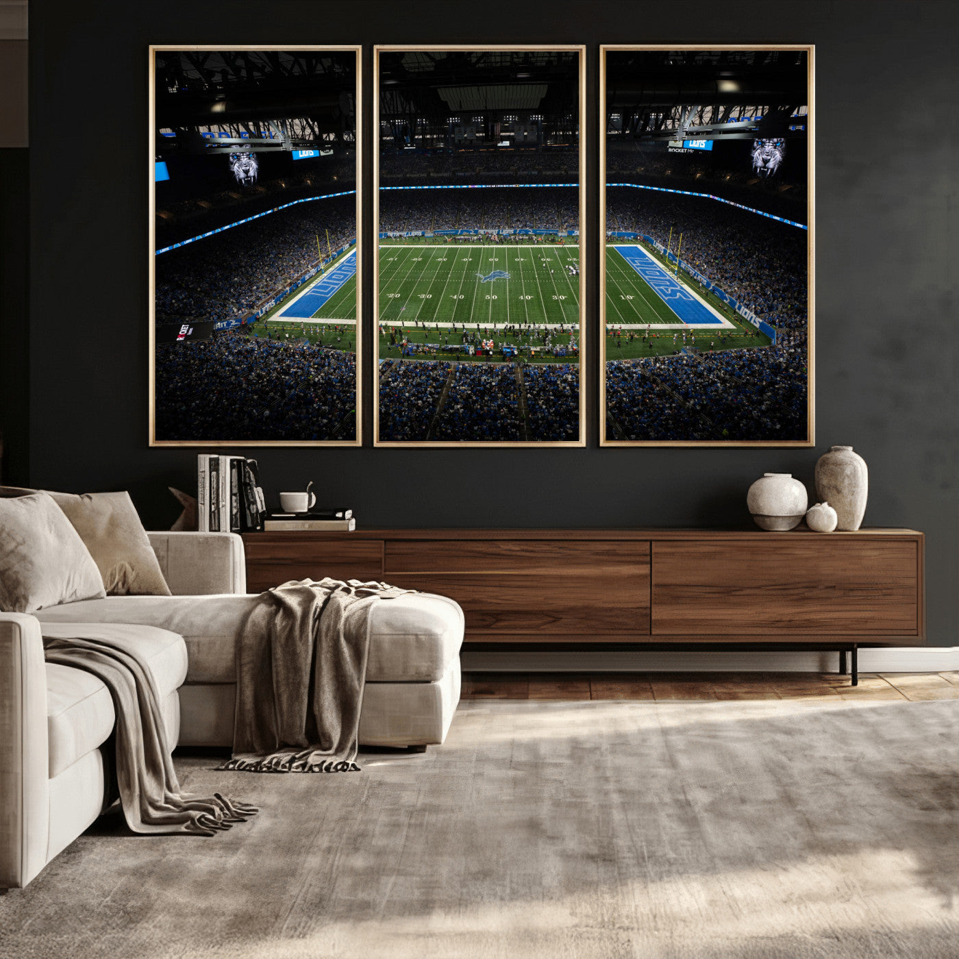16709602-MGV-CV-36X24 - Detroit Lions Stadium Wall Art Canvas Print, Football Field Panorama Artwork, NFL Game Night Stadium Decor