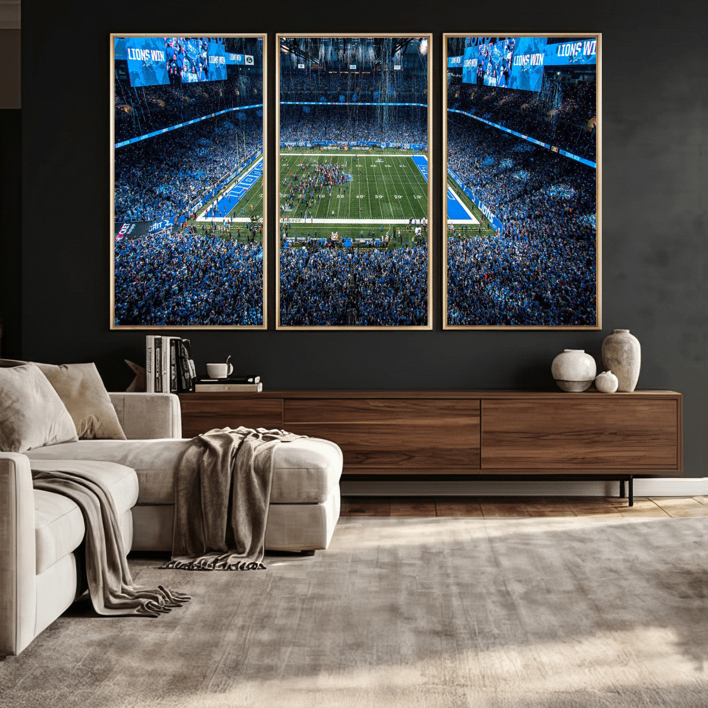 80882005-MGV-CV-36X24 - Detroit Lions Stadium Wall Art Canvas Print, Football Field Panorama Artwork, NFL Game Night Stadium Decor