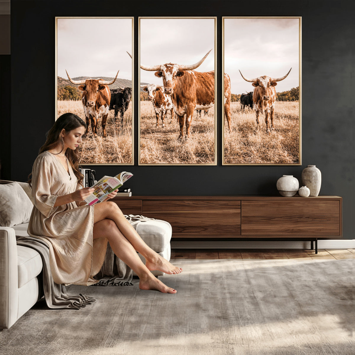 27539727-MGV-CV-36X24 - Texas Longhorn Cattle Wall Art Canvas Print, Sepia Western Decor