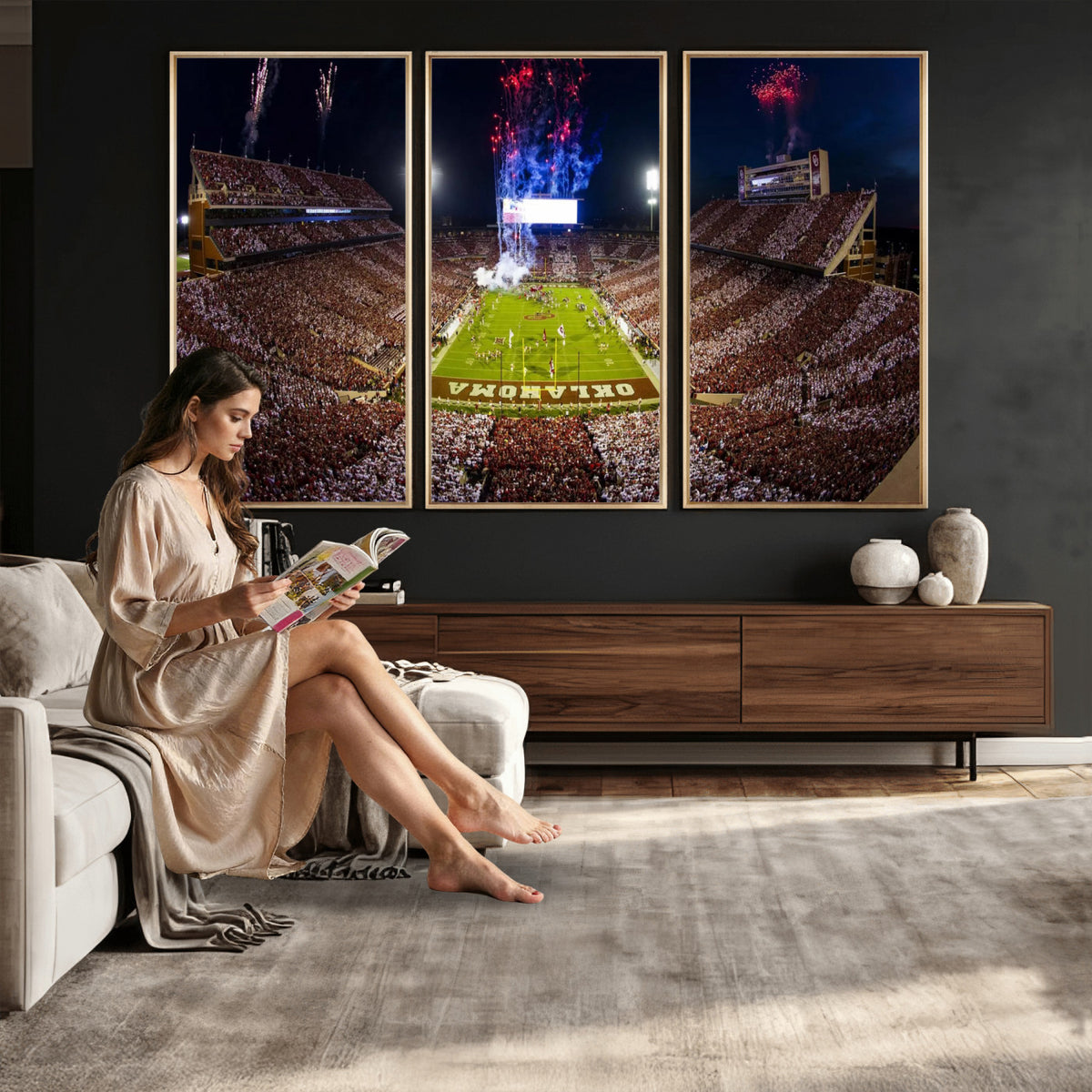 43197777-MGV-CV-36X24 - Oklahoma Memorial Stadium Wall Art Canvas Print – Oklahoma Sooners Football Artwork for Home, Office, and Sports Room Decor