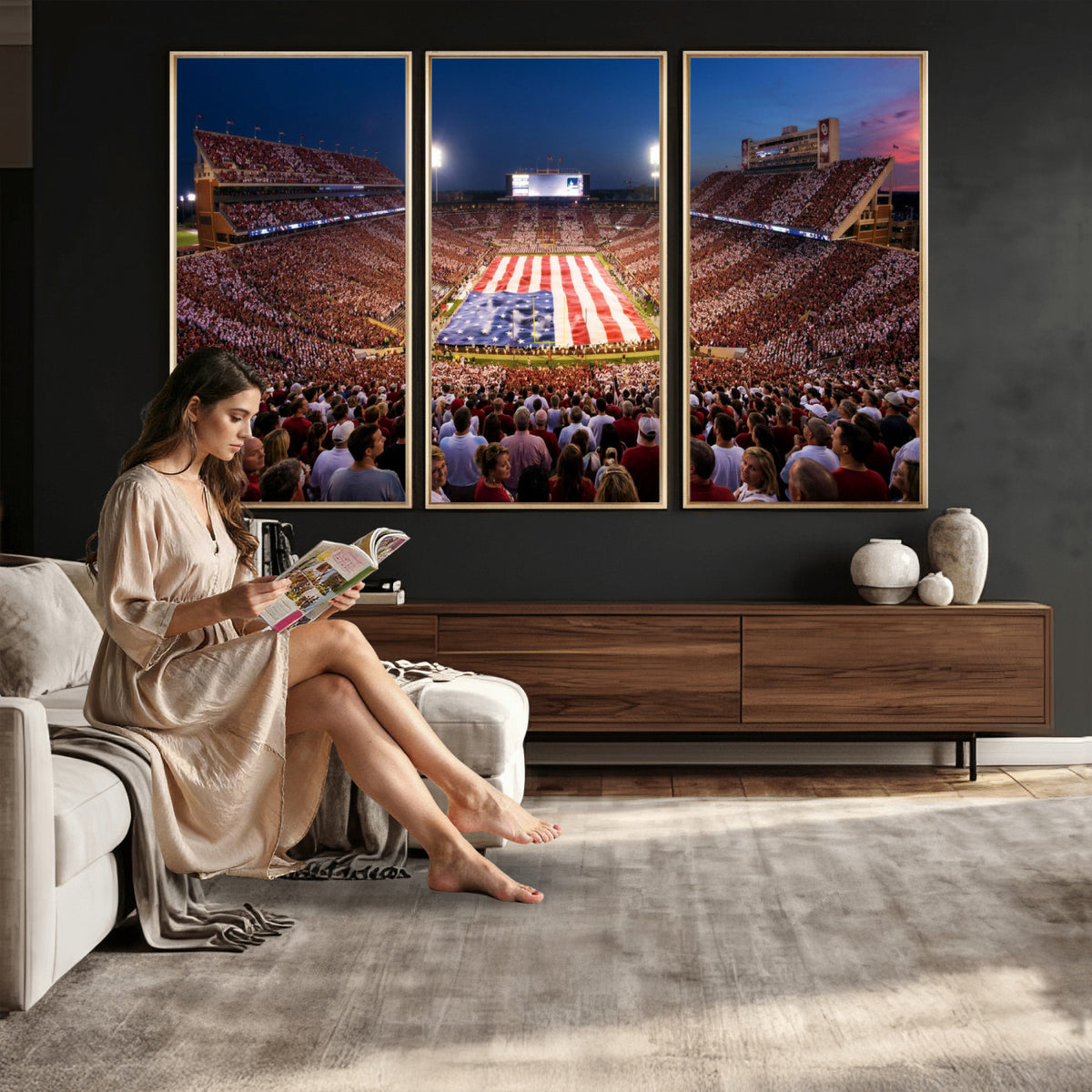 59917418-MGV-CV-36X24 - Oklahoma Memorial Stadium Wall Art Canvas Print – Oklahoma Sooners Football Artwork for Home, Office, and Sports Room Decor