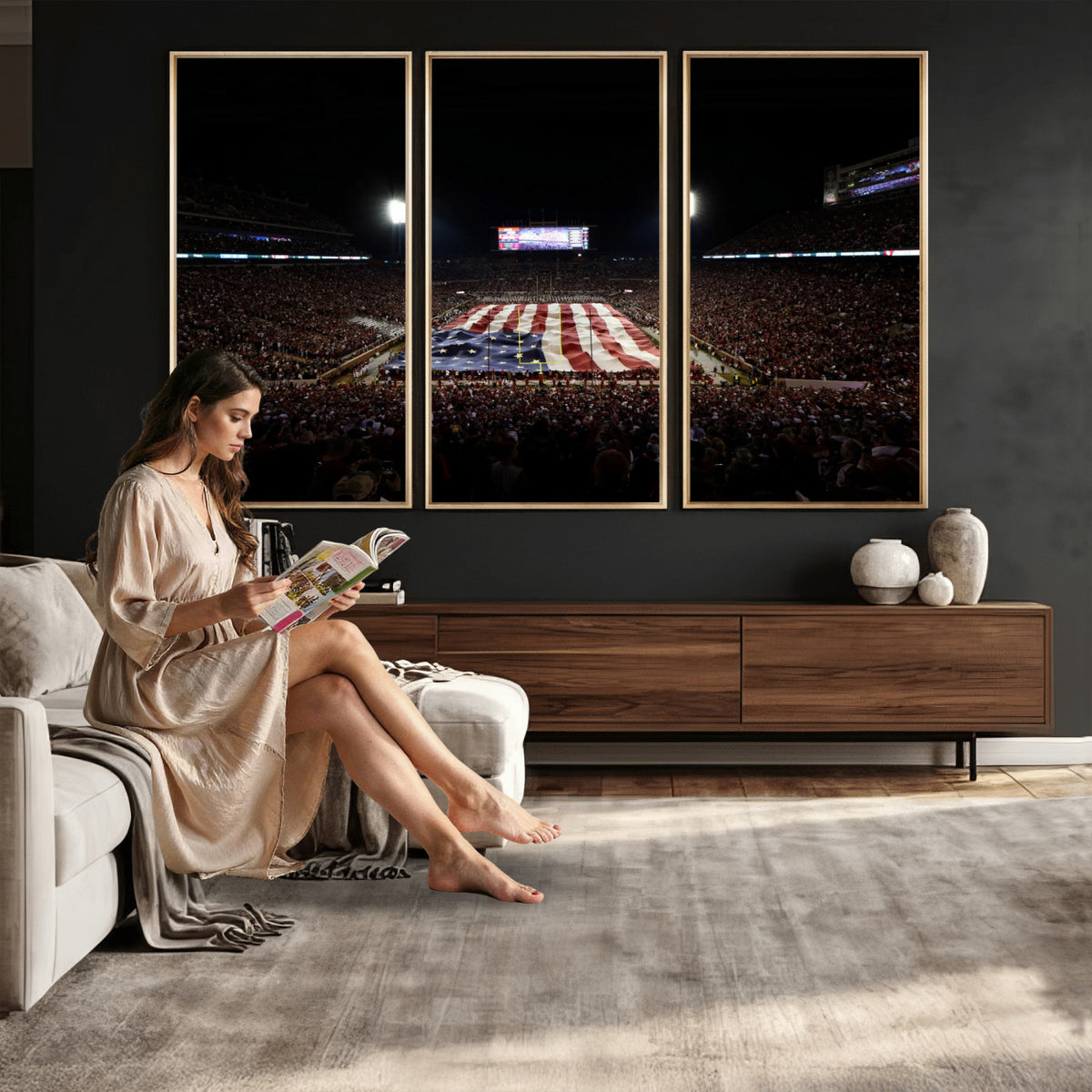 98418189-MGV-CV-36X24 - Oklahoma Memorial Stadium Wall Art Canvas Print – Oklahoma Sooners Football Artwork for Home, Office, and Sports Room Decor