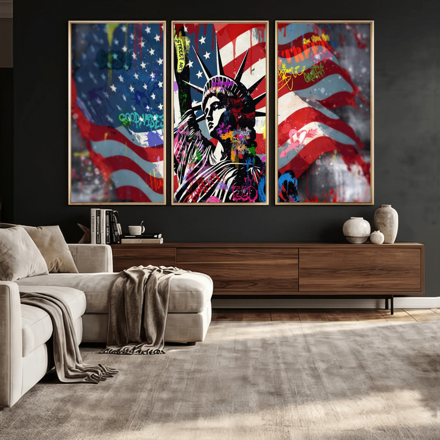 32151941-MGV-CV-36X24 - USA Statue of Liberty Graffiti Street Art Wall Art Canvas Print, American Flag Urban Pop Art Canvas Print, Modern Patriotic Street Art Contemporary Art Printing