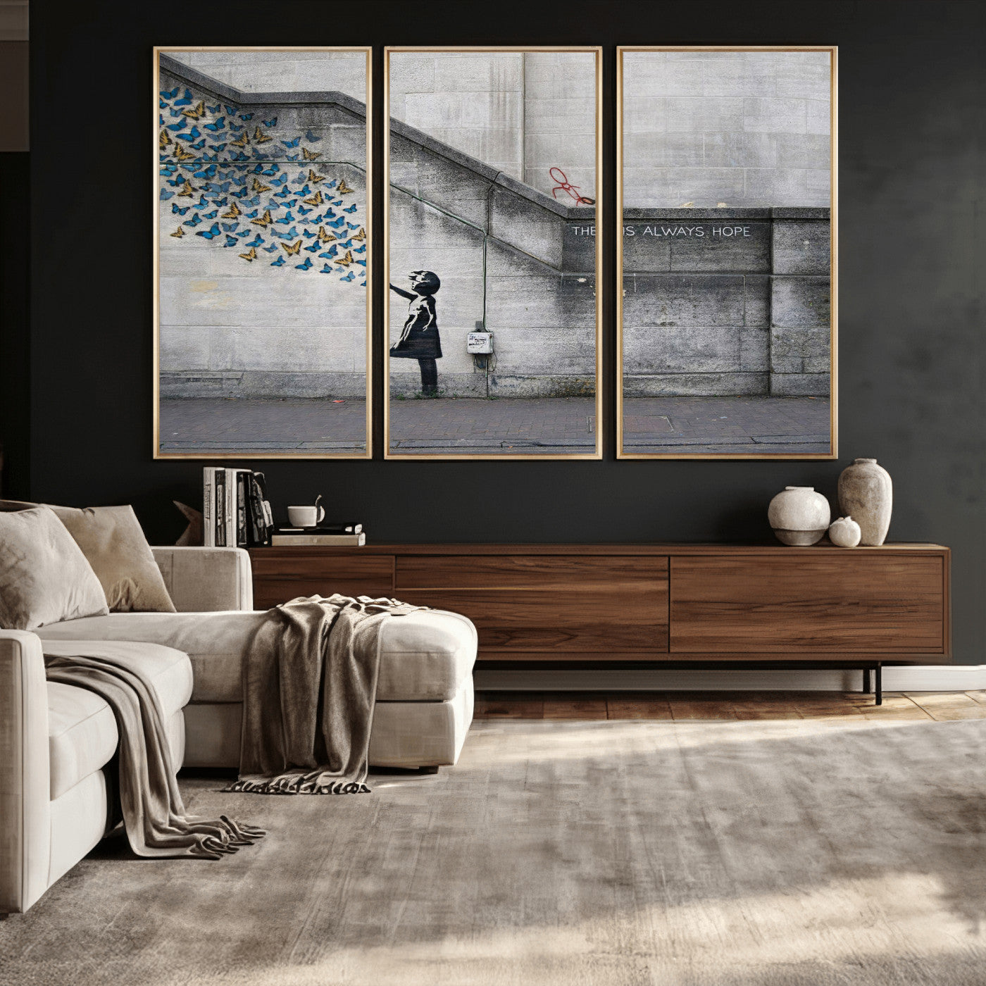 15274223-MGV-CV-36X24 - Banksy Girl with Butterflies Street Art Wall Art Canvas Print, Hope Graffiti Urban Art Canvas Print, Minimalist Inspirational Street Art Contemporary Art Printing