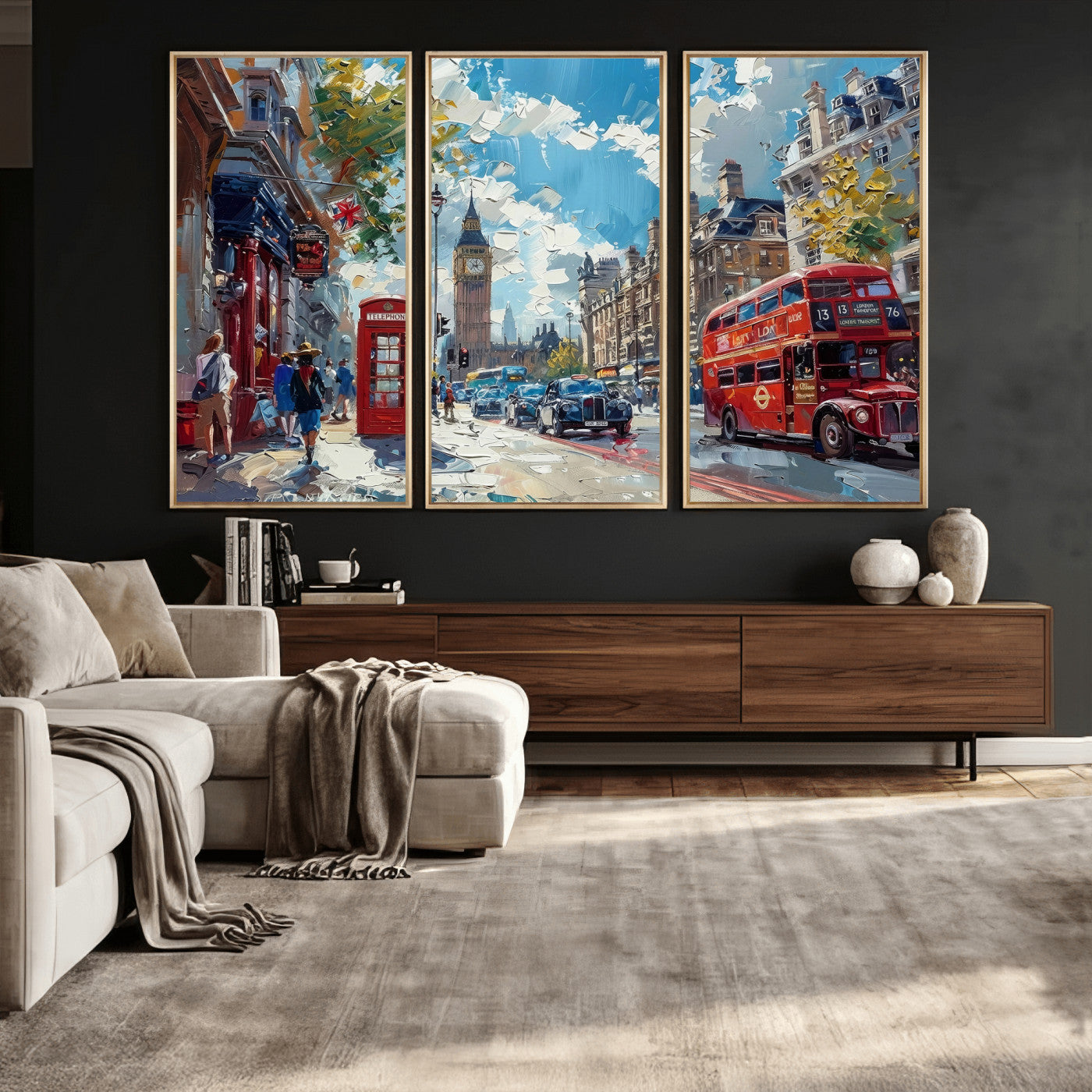 17630888-MGV-CV-36X24 - Modern London City Street Wall Art Canvas Print, Big Ben & Red Bus Artwork Canvas Print